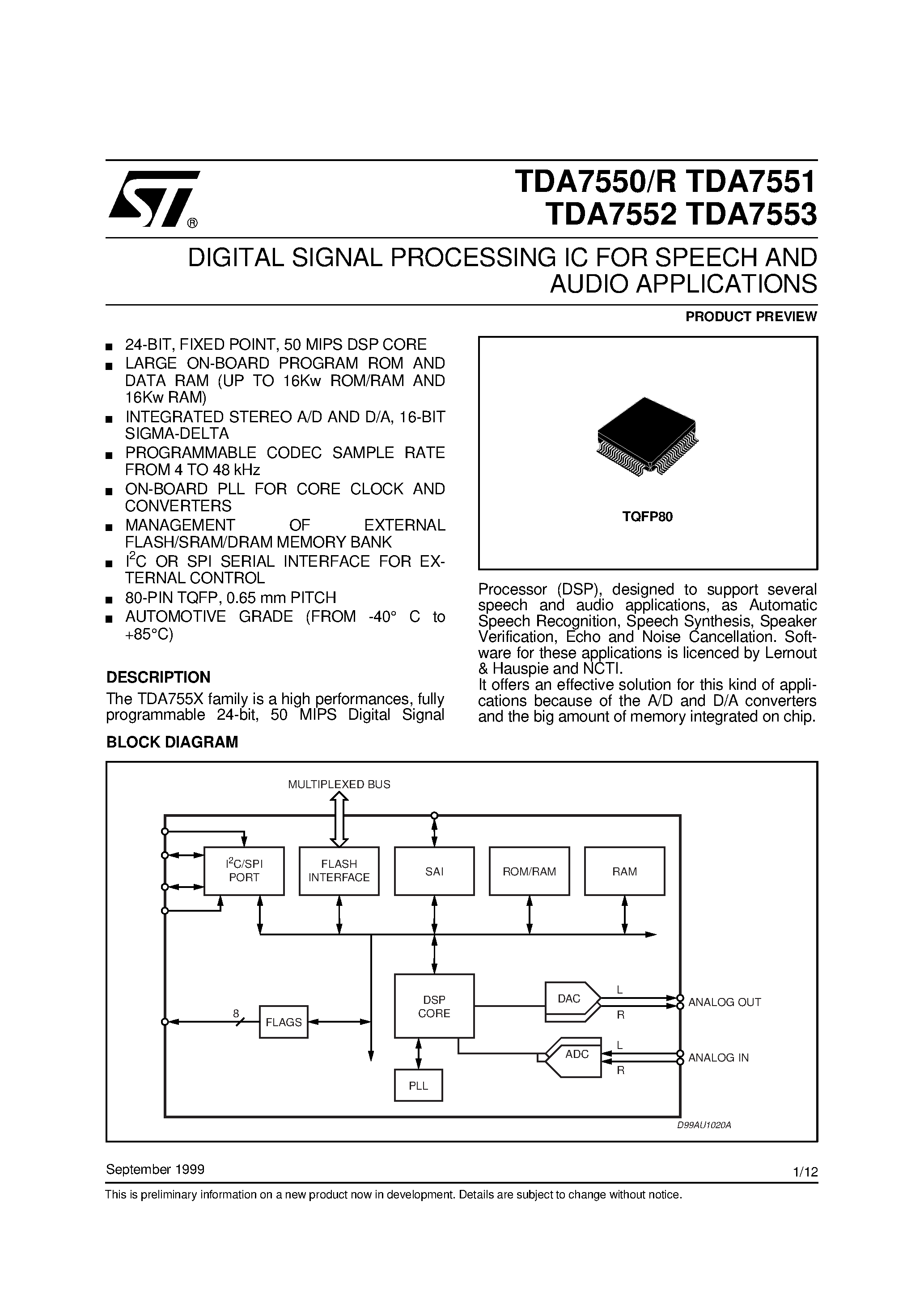 Datasheet TDA7550R page 1 Datasheet TDA7550R - DIGITAL SIGNAL PROCESSING IC FOR SPEECH AND AUDIO APPLICATIONS page 1