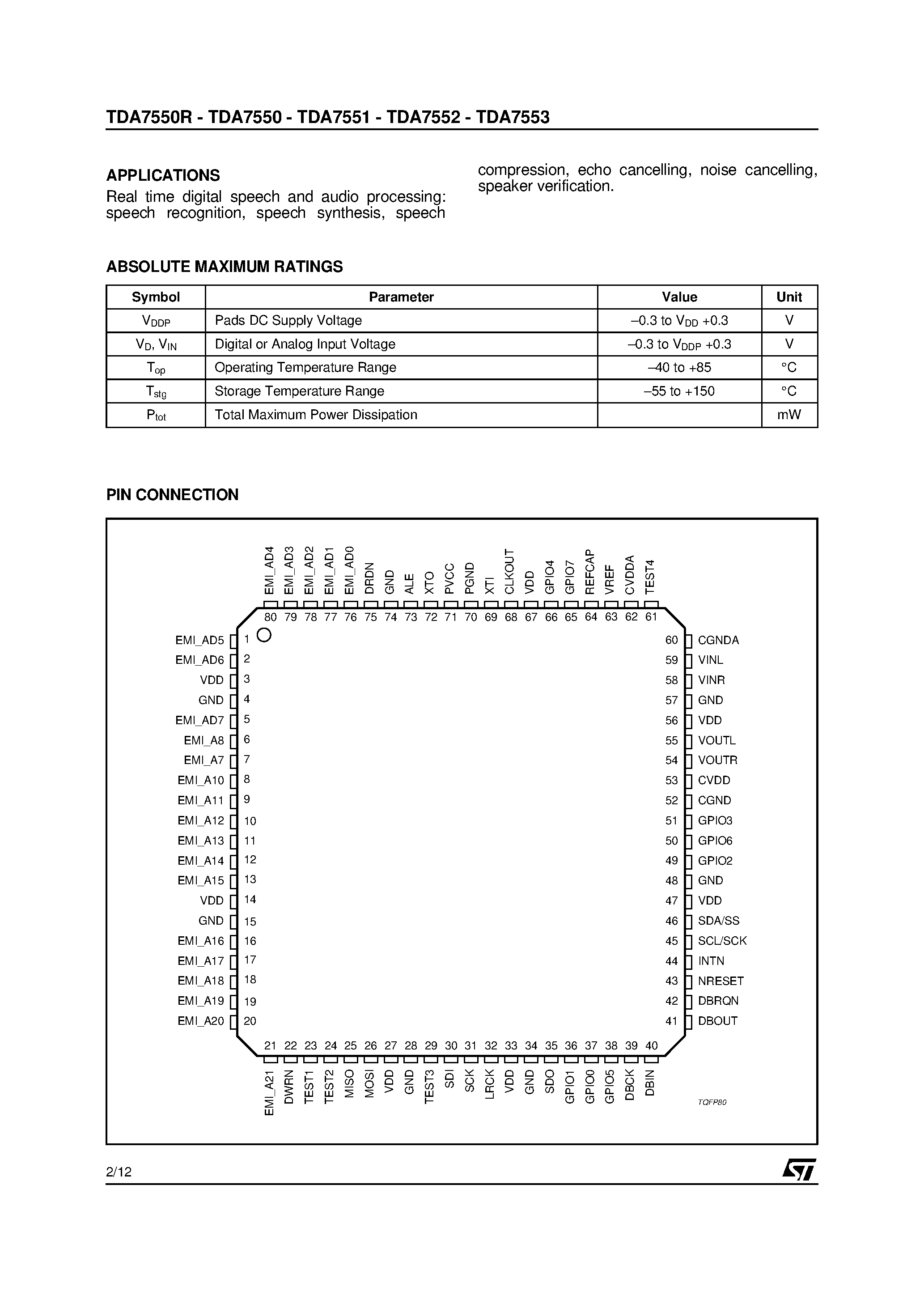 Datasheet TDA7553 page 2 Datasheet TDA7553 - DIGITAL SIGNAL PROCESSING IC FOR SPEECH AND AUDIO APPLICATIONS page 2