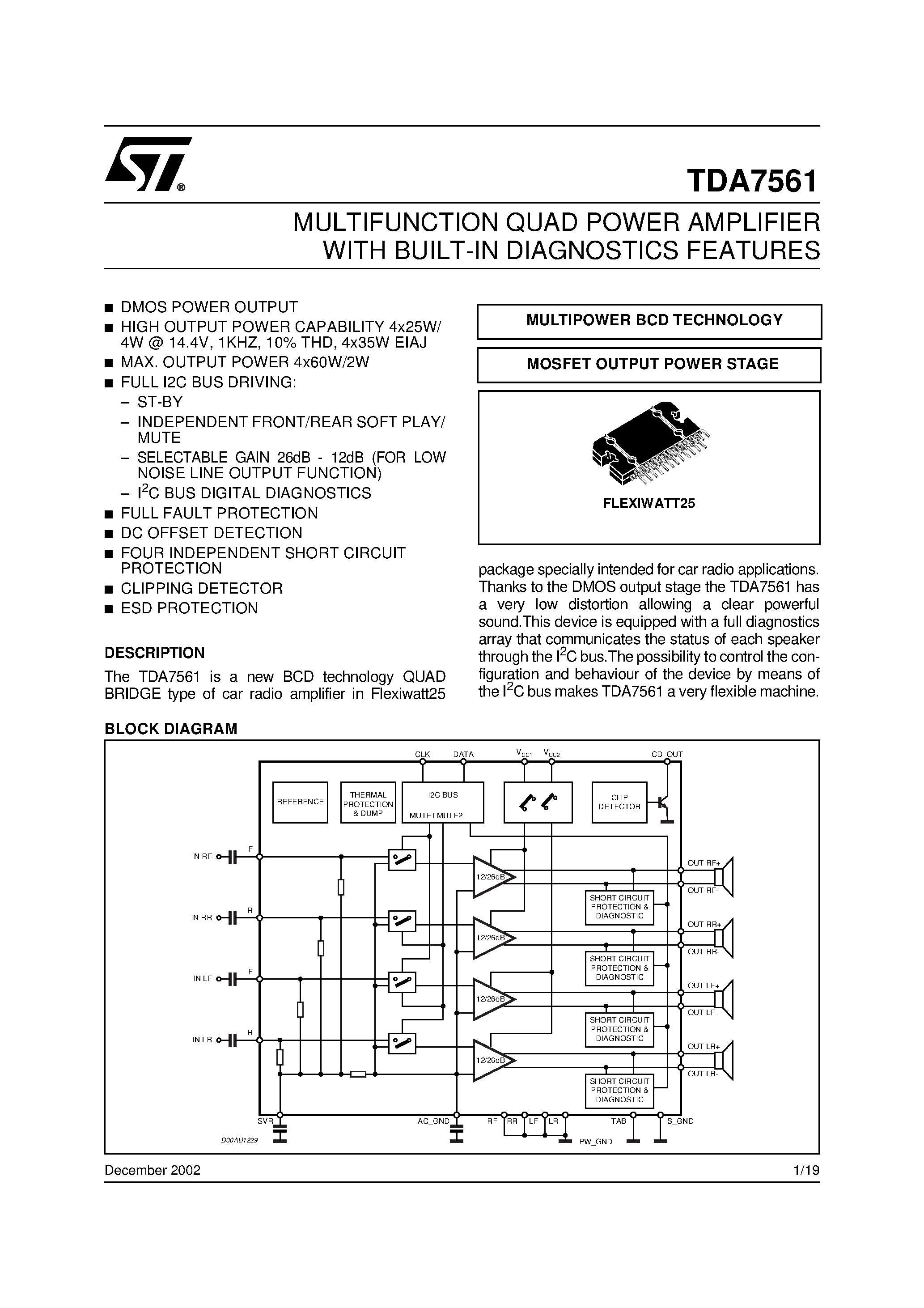 Даташит на микросхему TDA7561 страница 1 Даташит TDA7561 - MULTIFUNCTION QUAD POWER AMPLIFIER WITH BUILT-IN DIAGNOSTICS FEATURES страница 1
