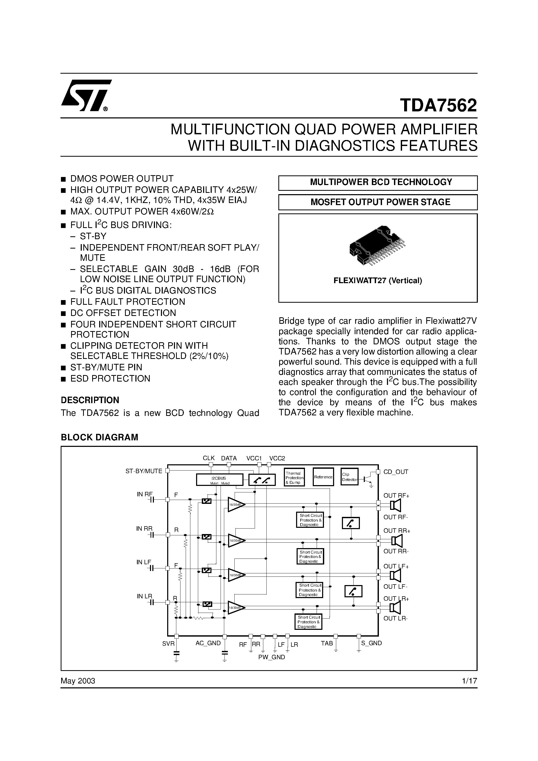 Даташит на микросхему TDA7562 страница 1 Даташит TDA7562 - MULTIFUNCTION QUAD POWER AMPLIFIER WITH BUILT-IN DIAGNOSTICS FEATURES страница 1