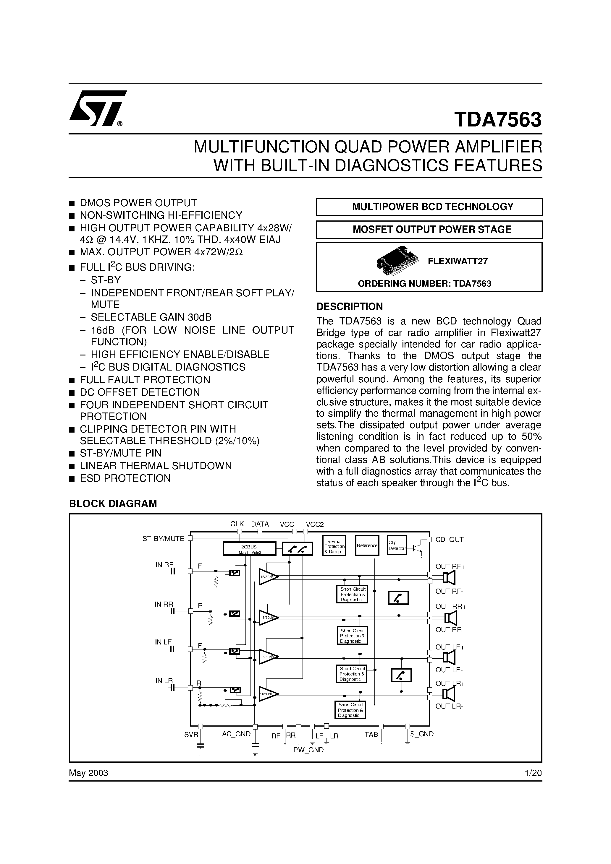 Даташит на микросхему TDA7563 страница 1 Даташит TDA7563 - MULTIFUNCTION QUAD POWER AMPLIFIER WITH BUILT-IN DIAGNOSTICS FEATURES страница 1