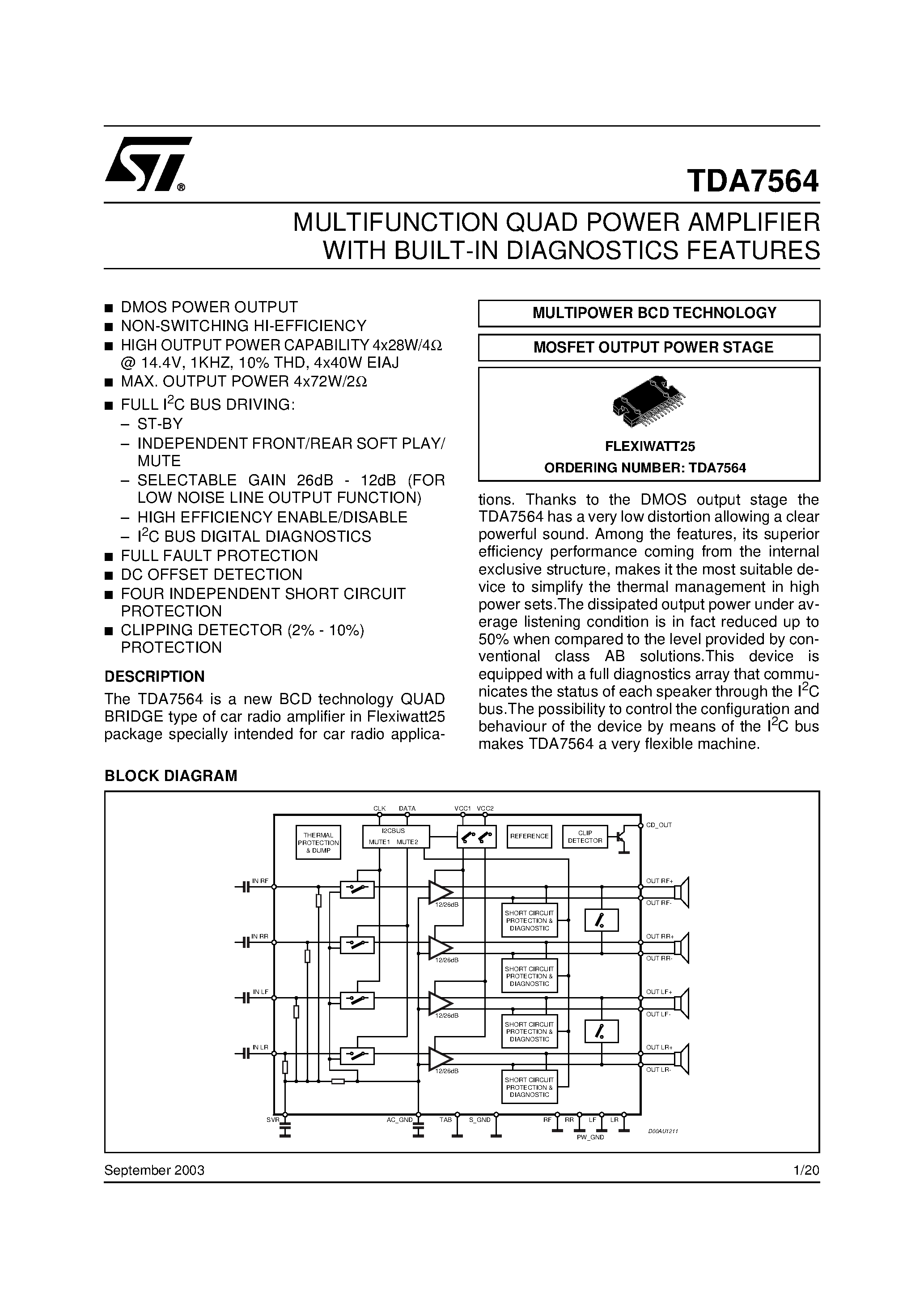 Datasheet TDA7564 - MULTIFUNCTION QUAD POWER AMPLIFIER WITH BUILT-IN DIAGNOSTICS FEATURES page 1