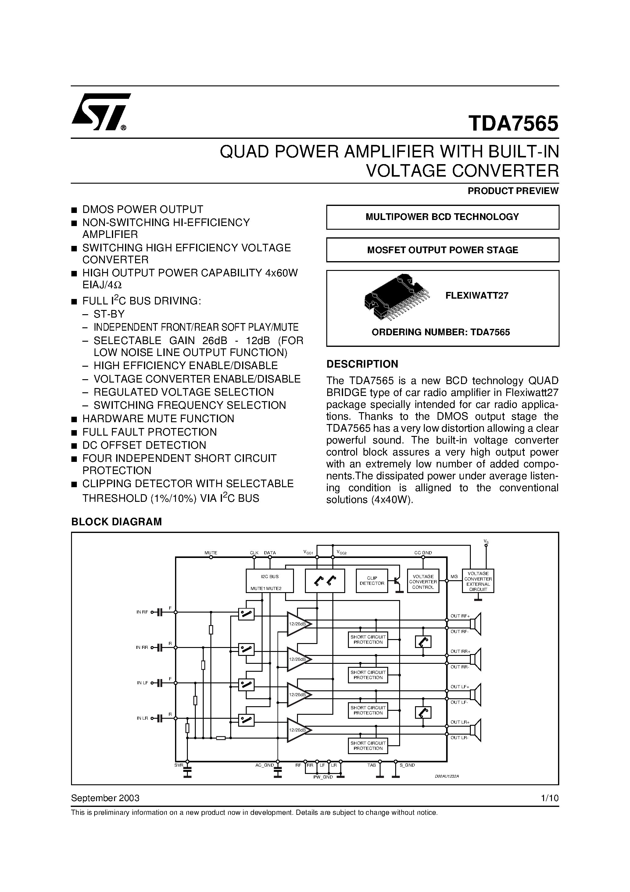 Datasheet TDA7565 - QUAD POWER AMPLIFIER WITH BUILT-IN VOLTAGE CONVERTER page 1