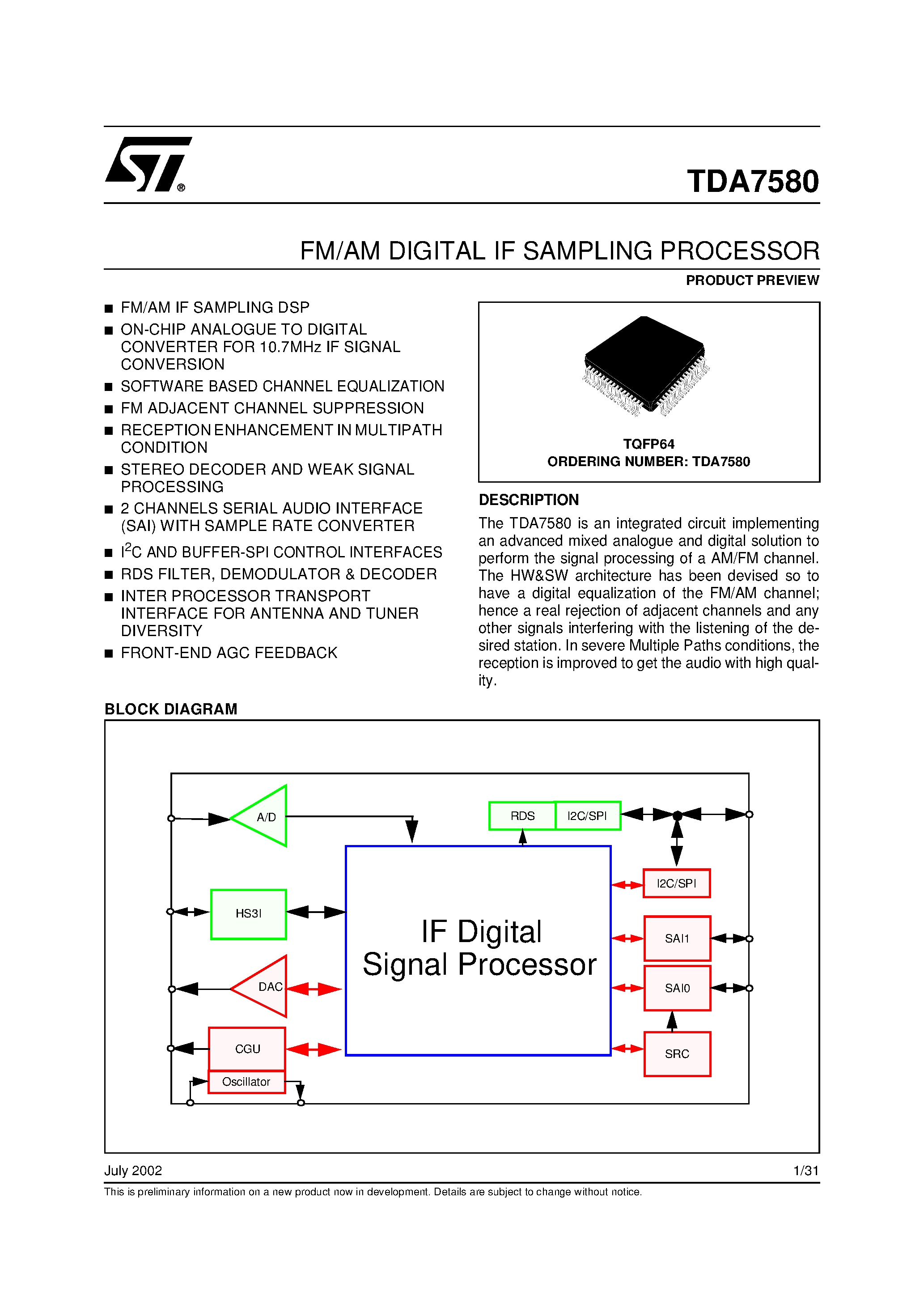 Datasheet TDA7580 - FM/AM DIGITAL IF SAMPLING PROCESSOR page 1