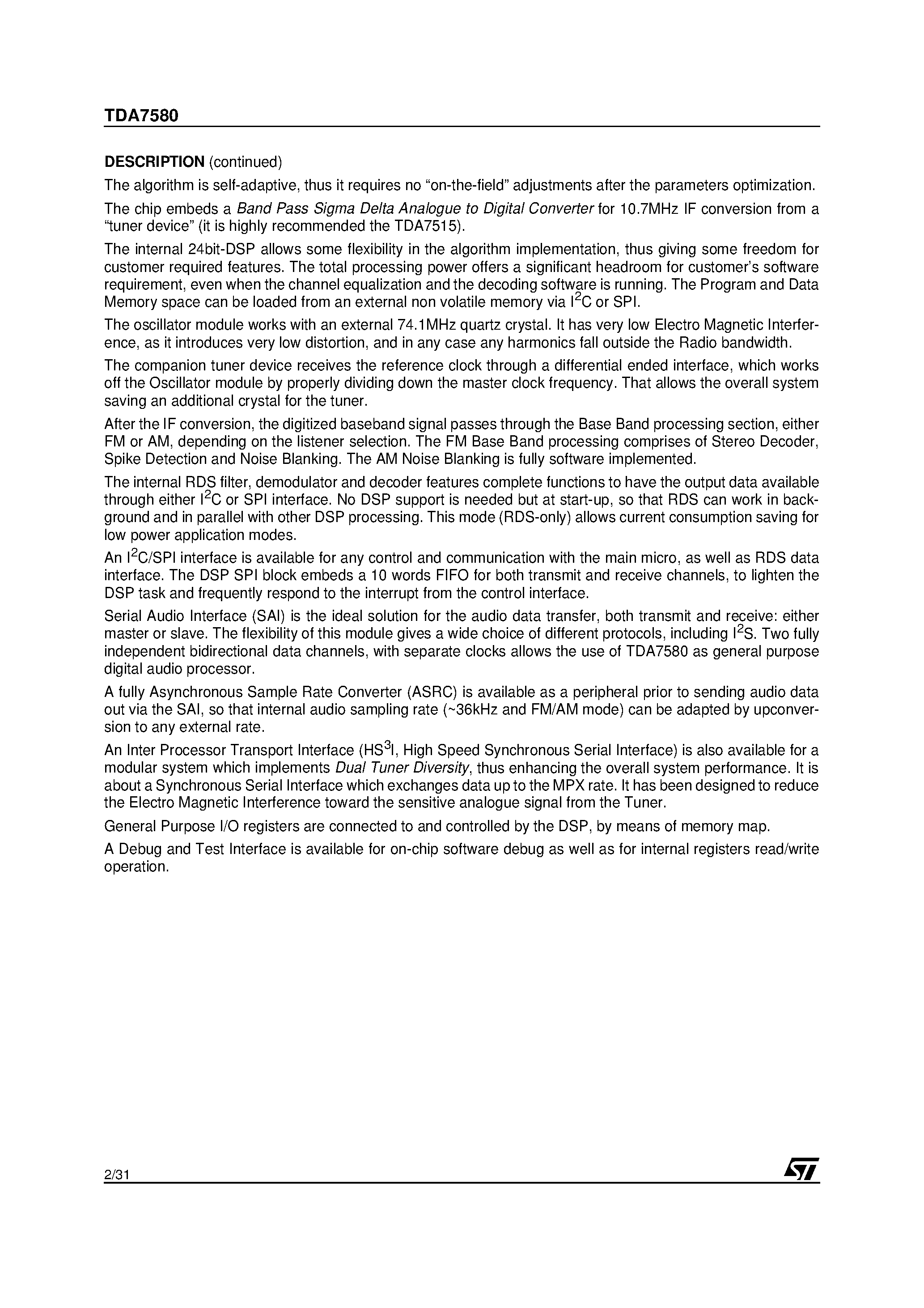 Datasheet TDA7580 - FM/AM DIGITAL IF SAMPLING PROCESSOR page 2
