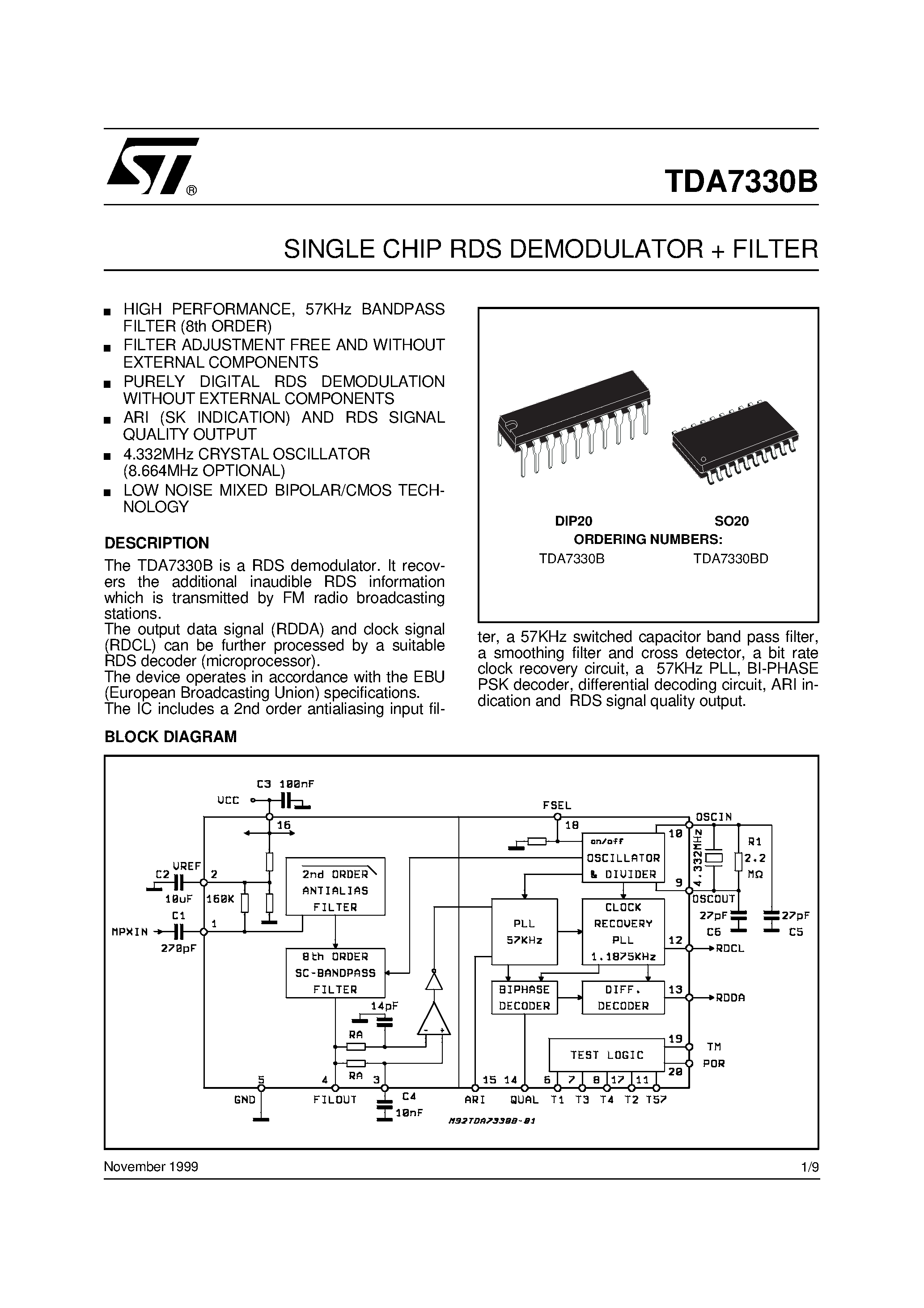 Datasheet TDA7730B - SINGLE CHIP RDS DEMODULATOR + FILTER page 1