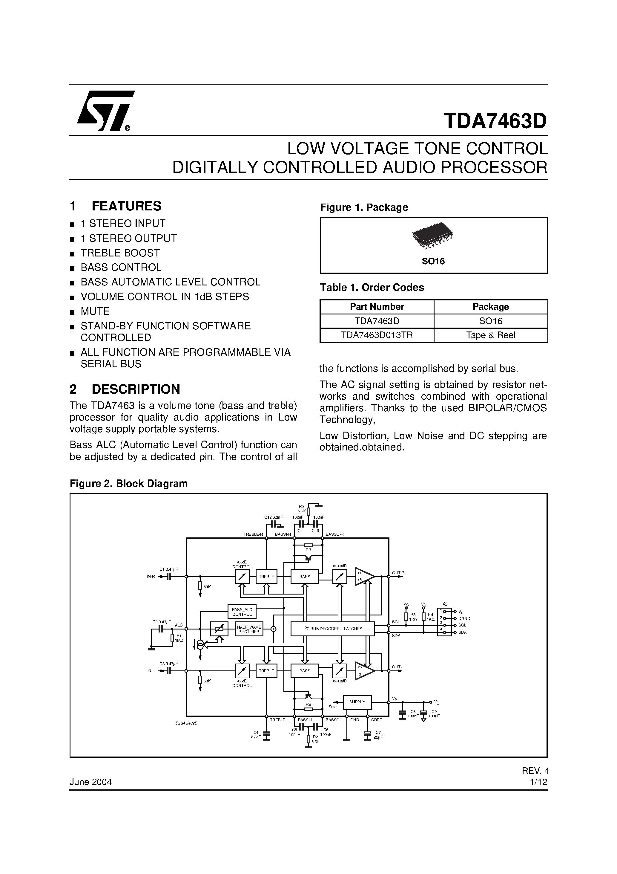 Datasheet TDA7863D - LOW VOLTAGE TONE CONTROL DIGITALLY CONTROLLED AUDIO PROCESSOR page 1