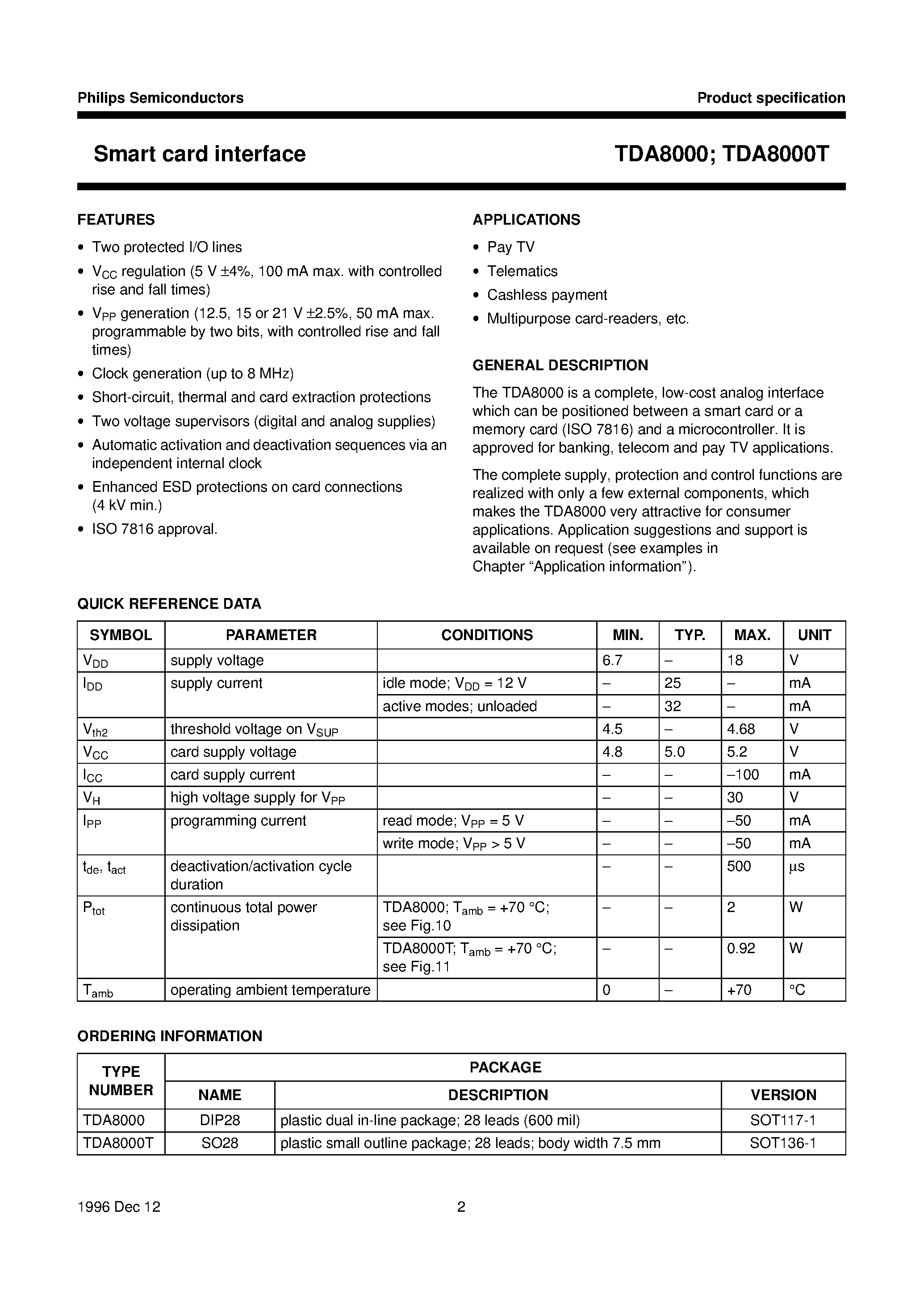 Datasheet TDA8000T page 2 Datasheet TDA8000T - Smart card interface page 2