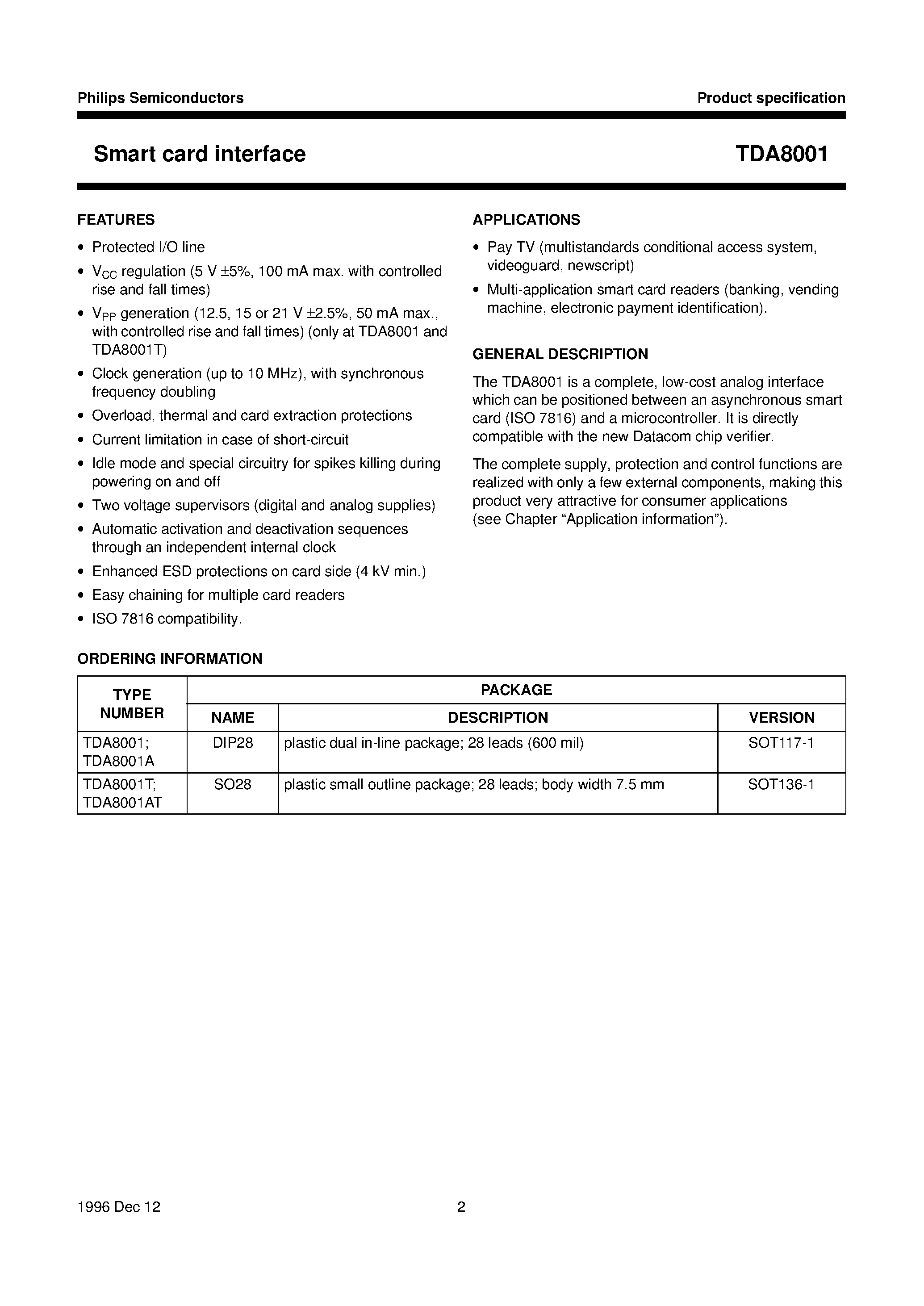 Datasheet TDA8001AT page 2 Datasheet TDA8001AT - Smart card interface page 2
