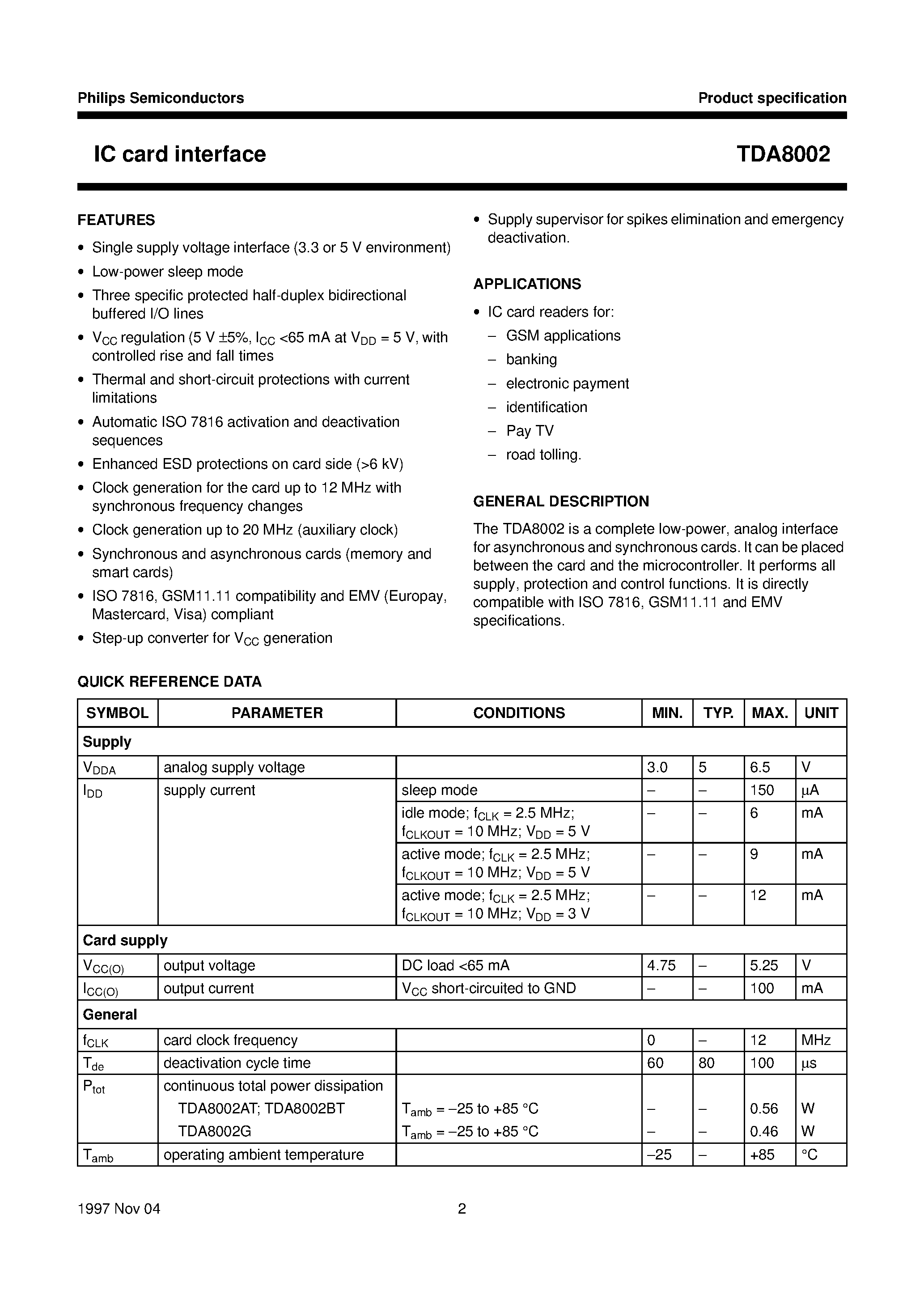 Datasheet TDA8002B - IC card interface page 2