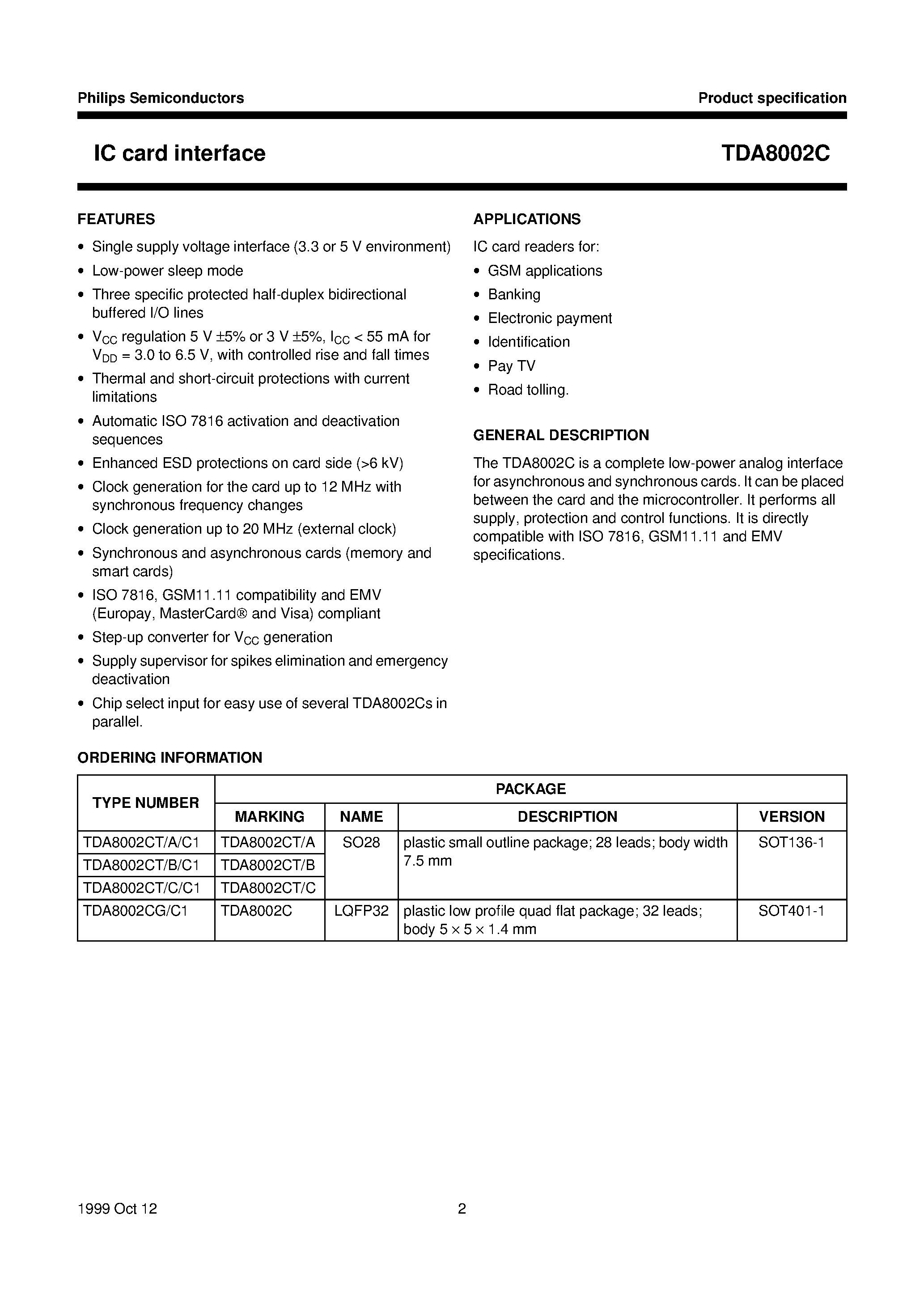 Datasheet TDA8002CT/B page 2 Datasheet TDA8002CT/B - IC card interface page 2