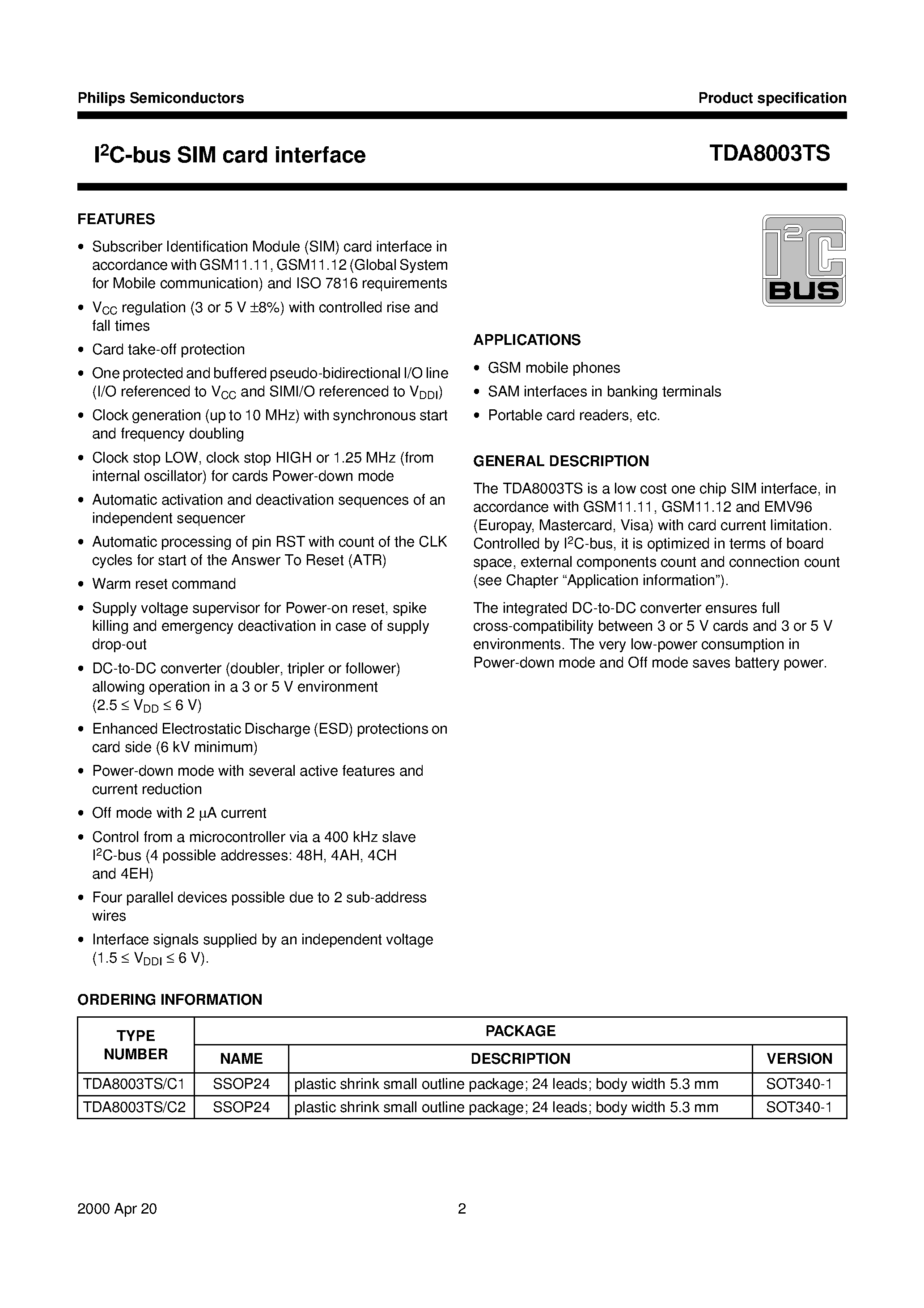 Datasheet TDA8003TS - I2C-bus SIM card interface page 2