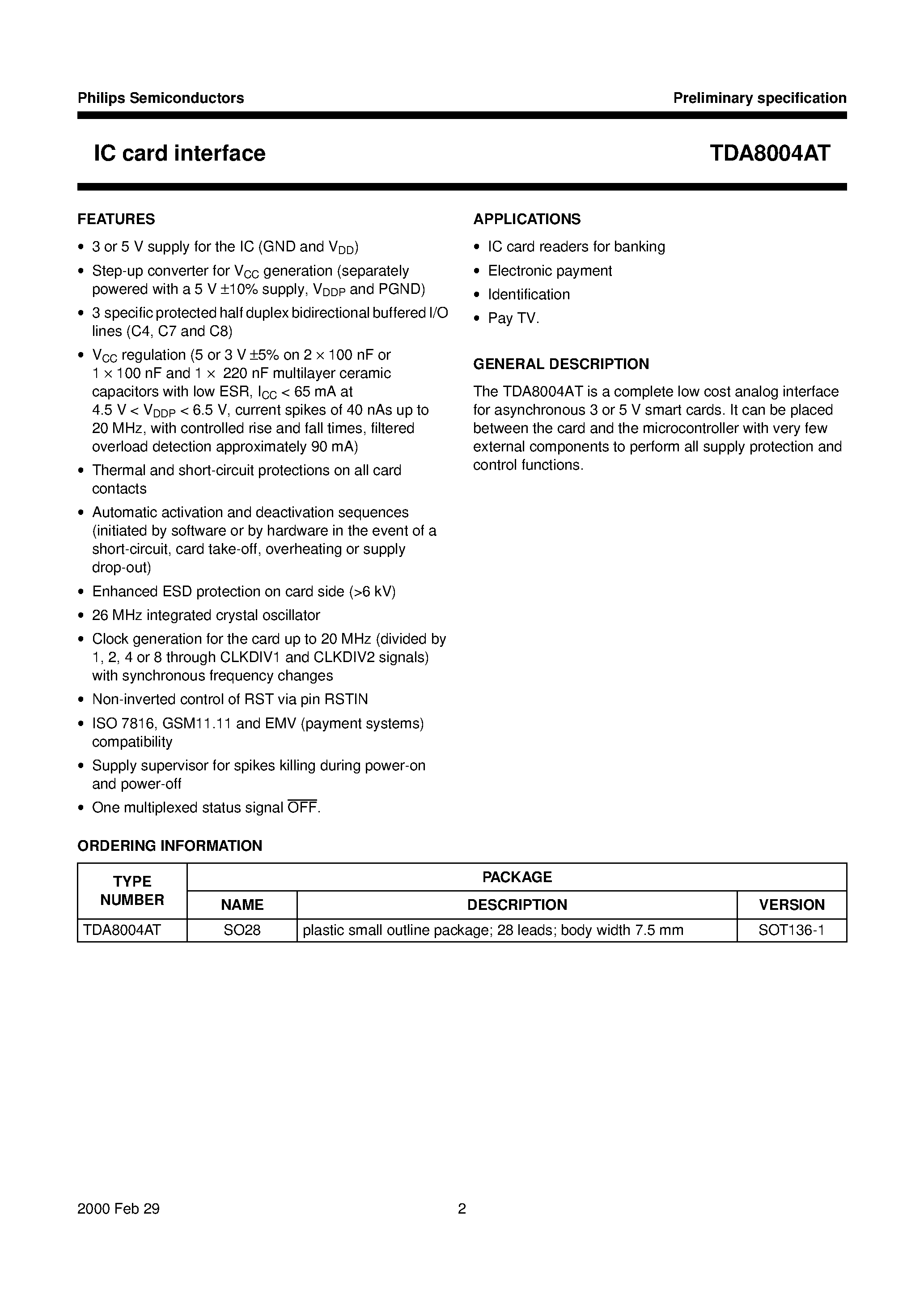 Datasheet TDA8004 page 2 Datasheet TDA8004 - IC card interface page 2