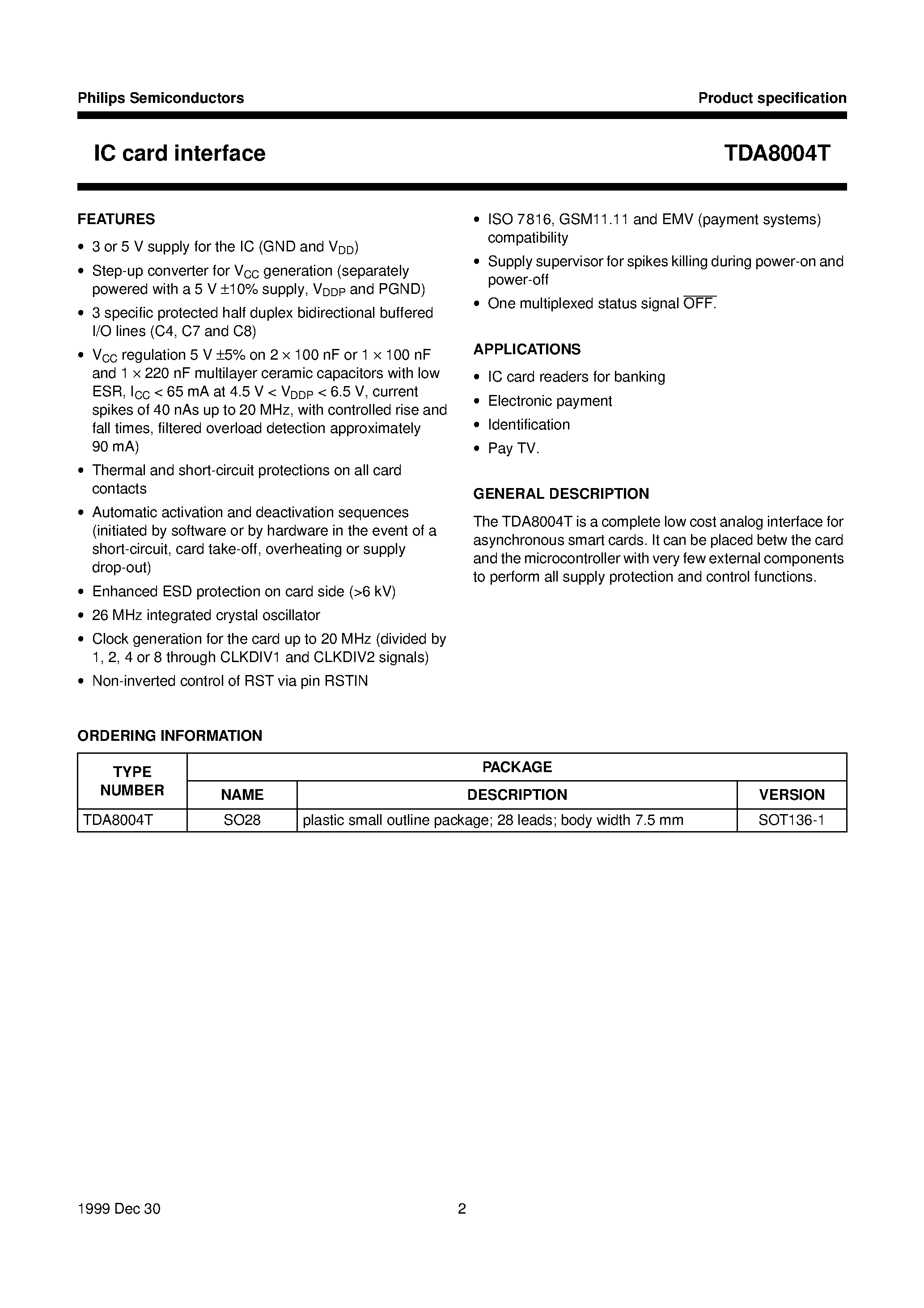 Даташит TDA8004T - IC card interface страница 2