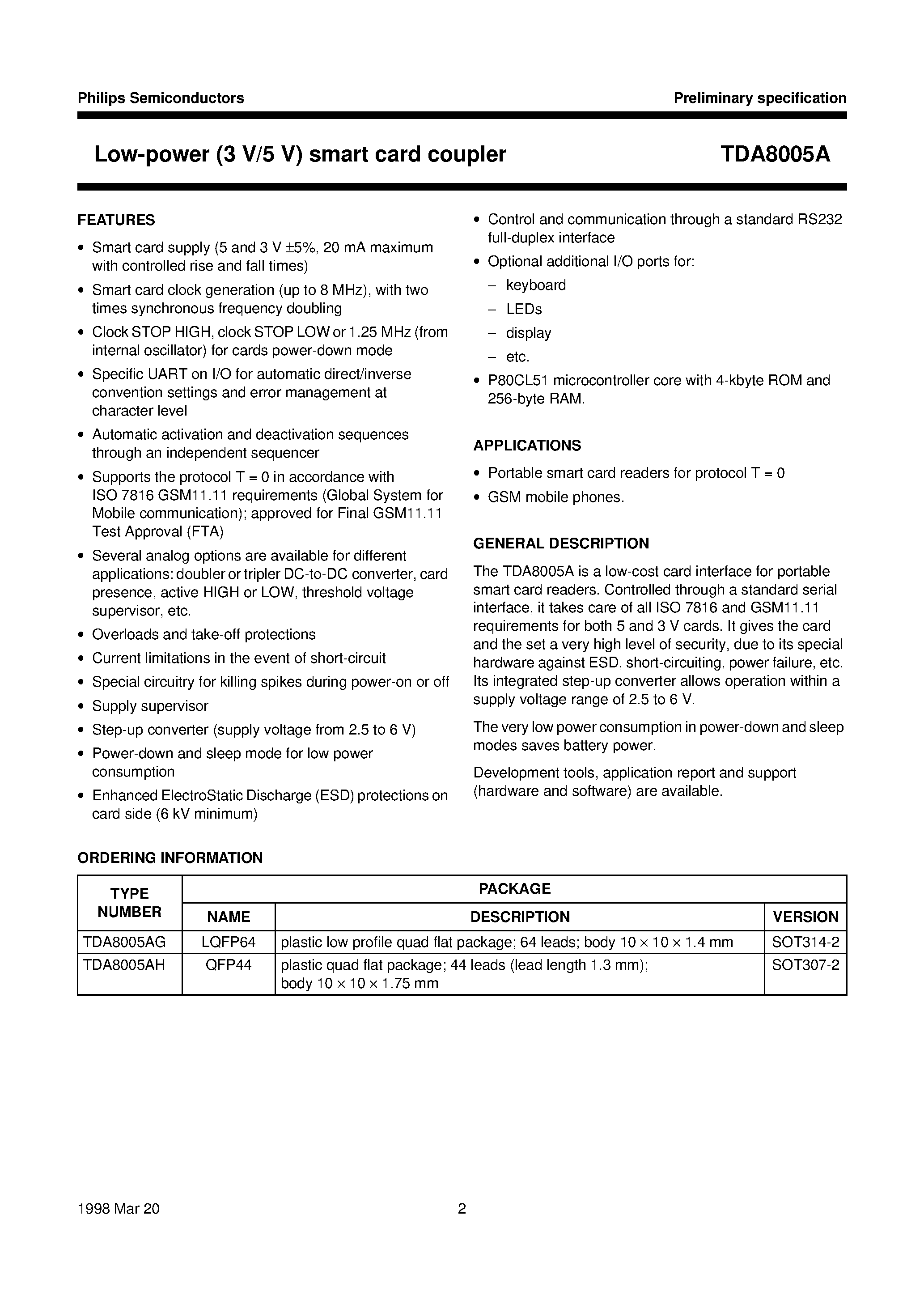 Datasheet TDA8005A - Low-power 3 V/5 V smart card coupler page 2