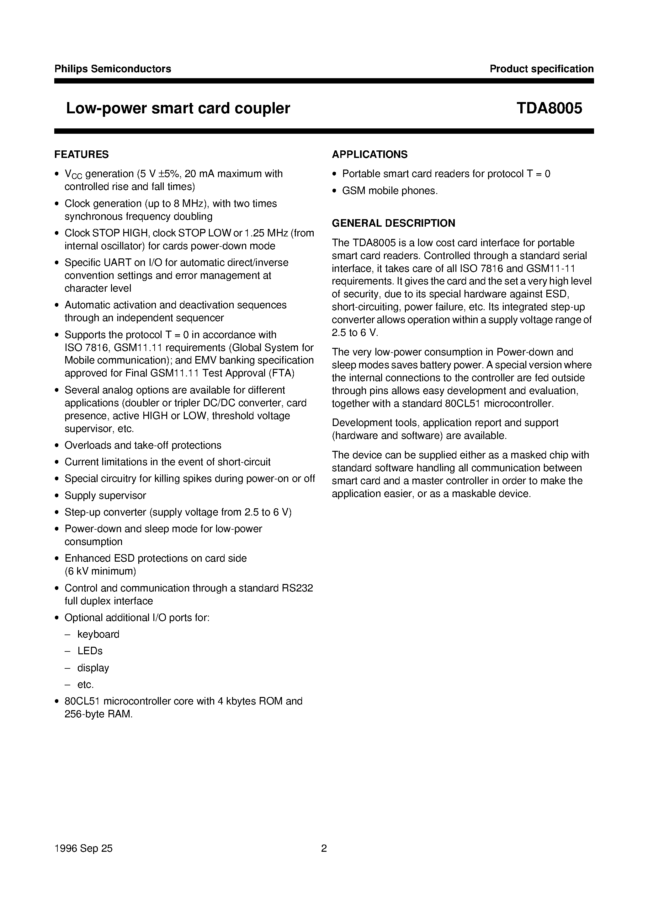Datasheet TDA8005H - Low-power smart card coupler page 2