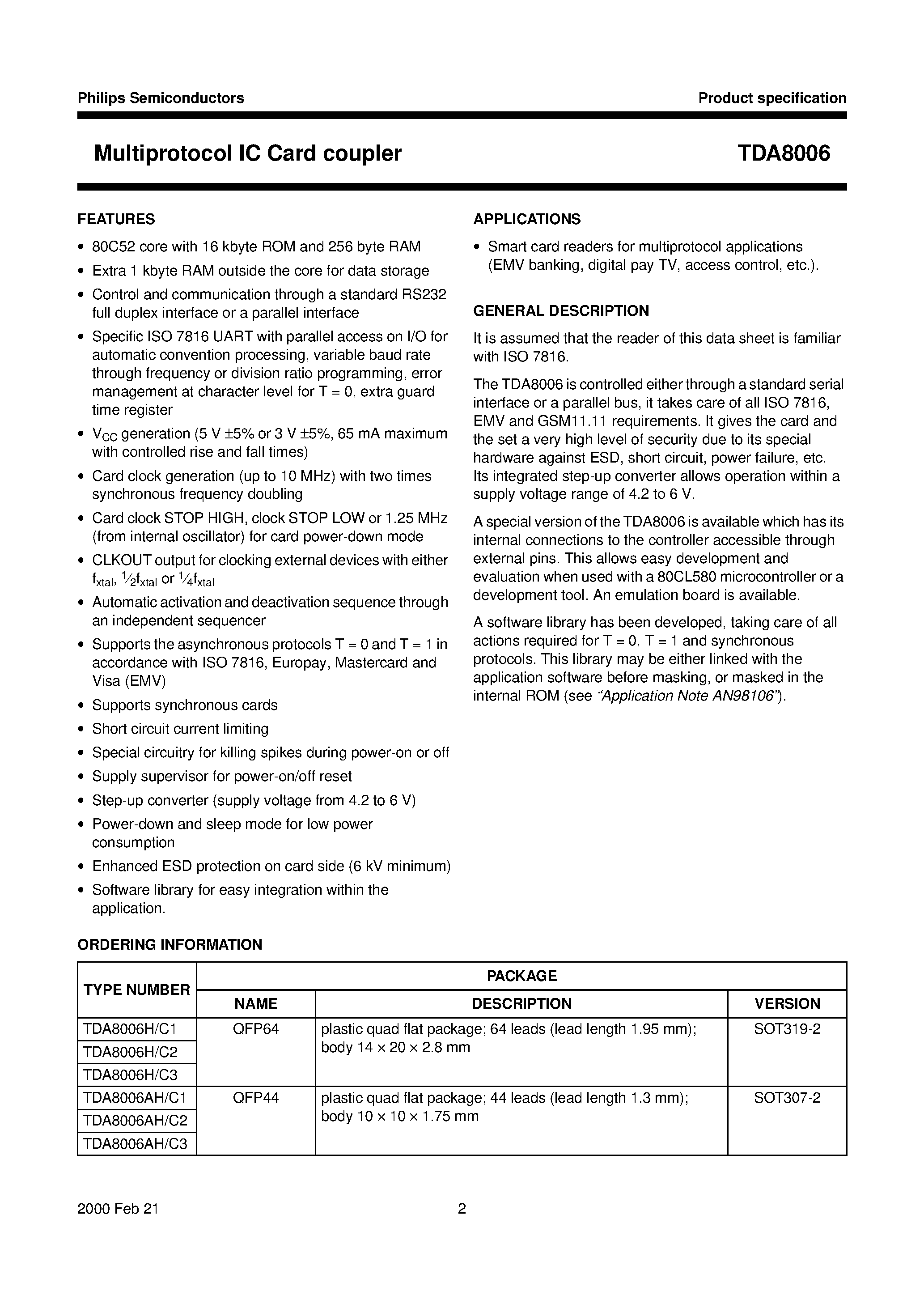 Datasheet TDA8006 - Multiprotocol IC Card coupler page 2