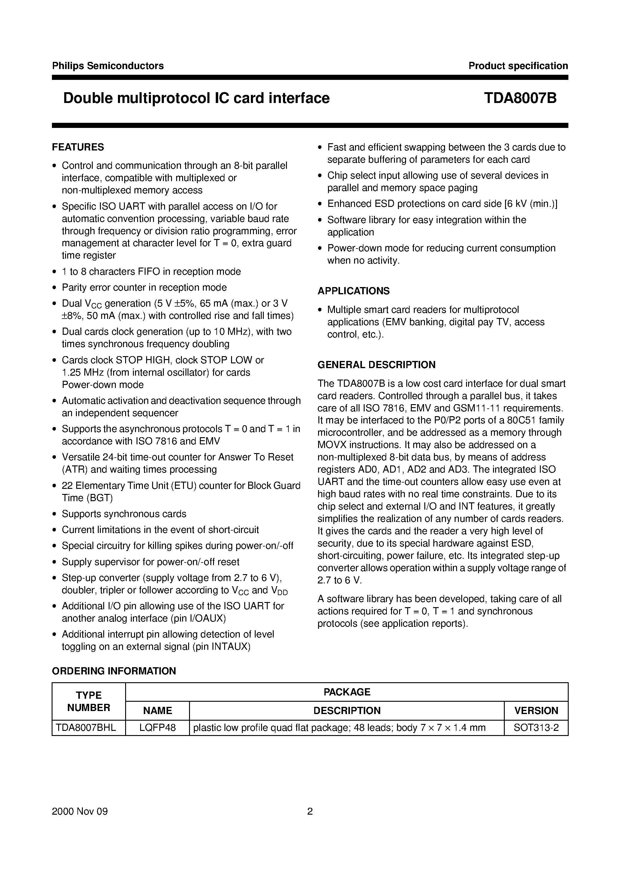 Datasheet TDA8007BHL - Double multiprotocol IC card interface page 2