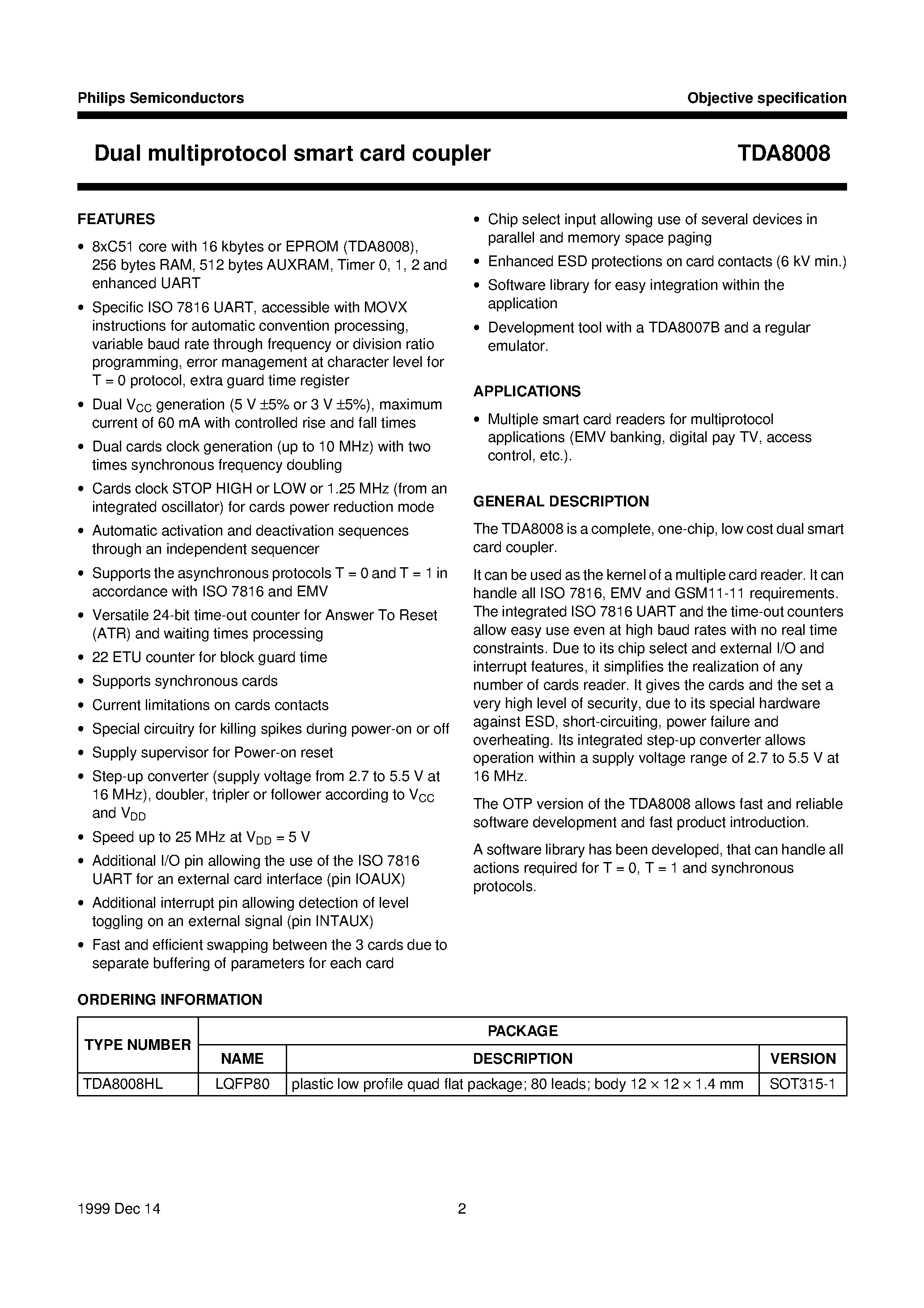 Datasheet TDA8008 - Dual multiprotocol smart card coupler page 2