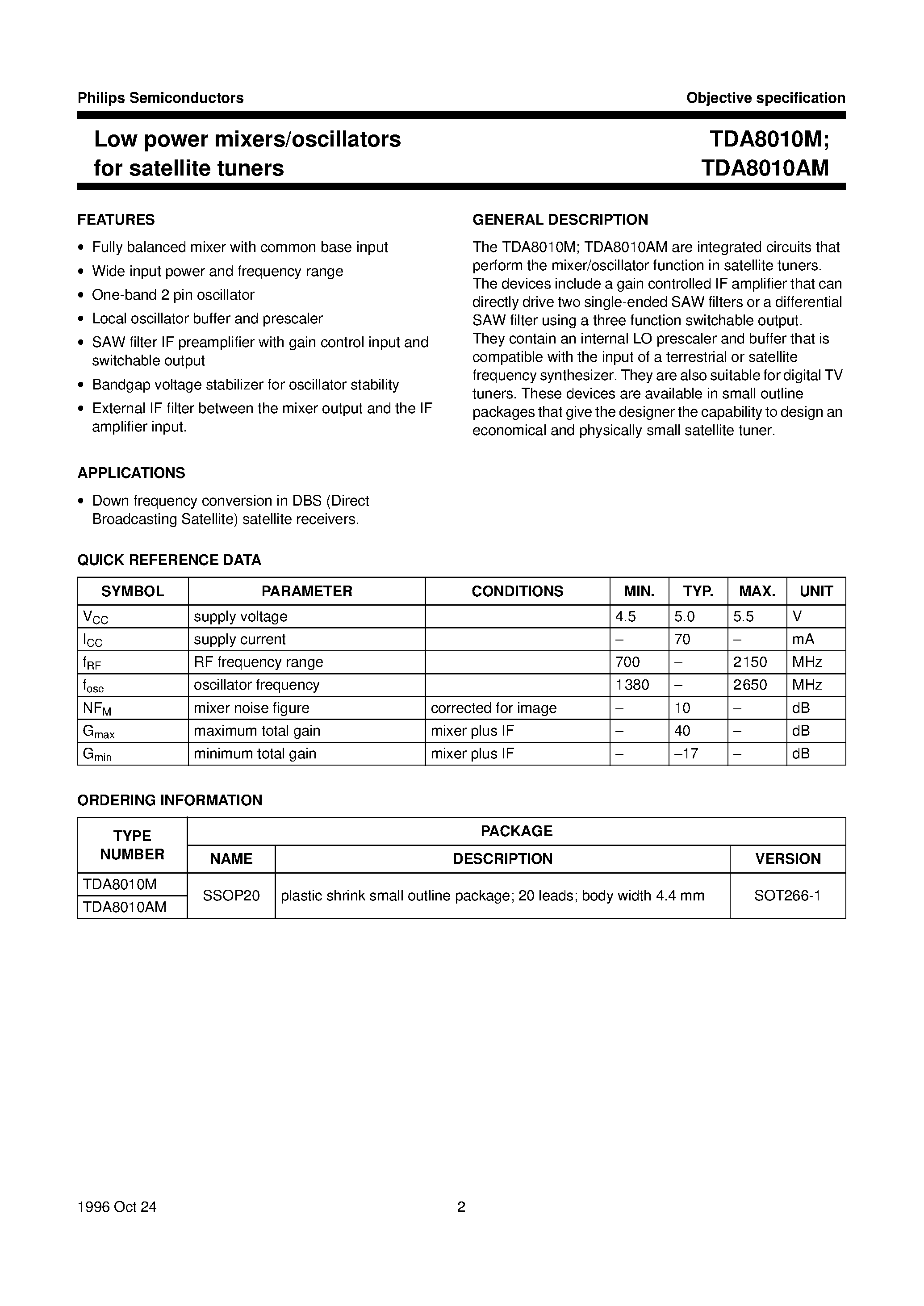 Datasheet TDA8010AM - Low power mixers/oscillators for satellite tuners page 2
