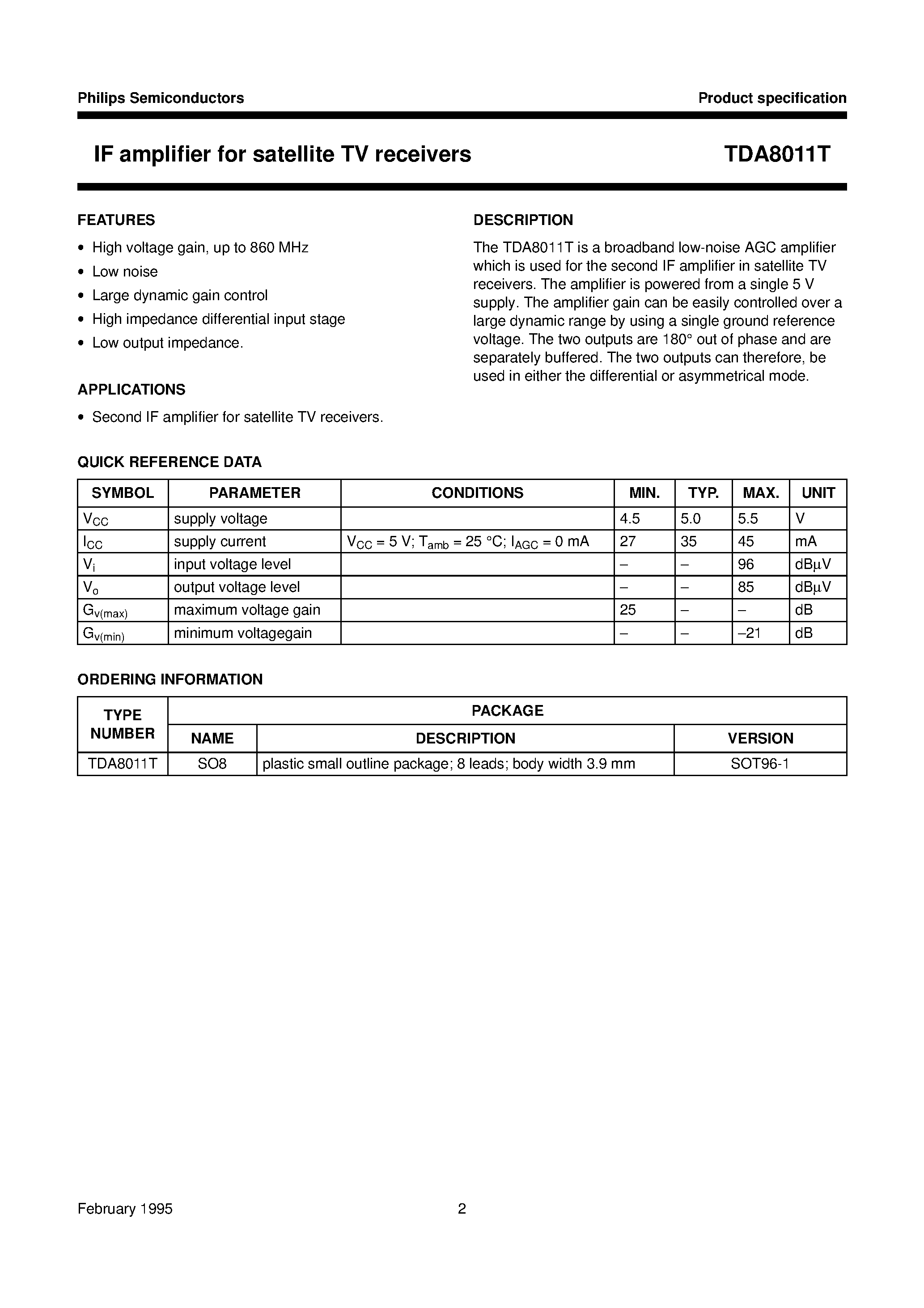 Даташит TDA8011 - IF amplifier for satellite TV receivers страница 2