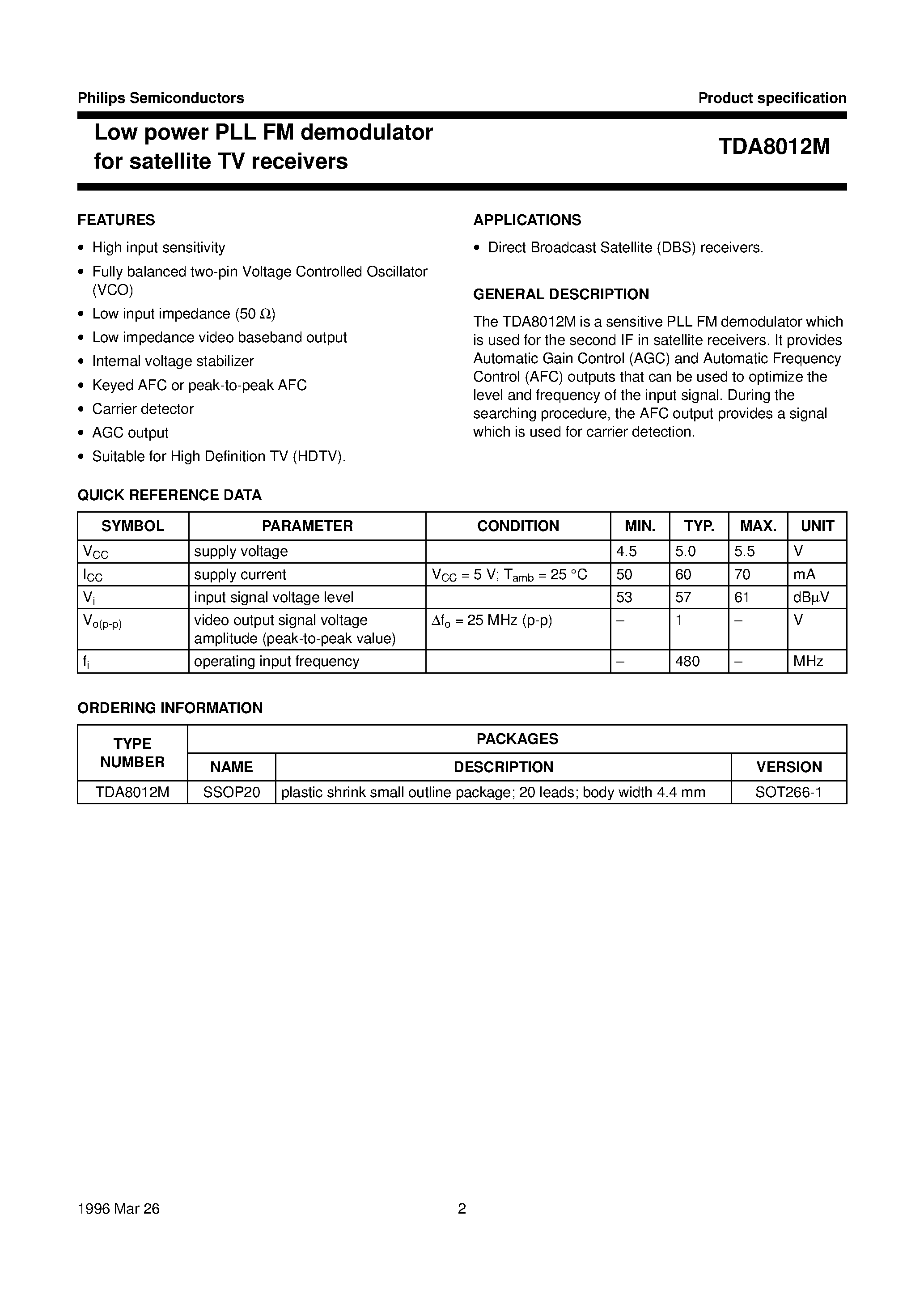 Datasheet TDA8012M - Low power PLL FM demodulator for satellite TV receivers page 2