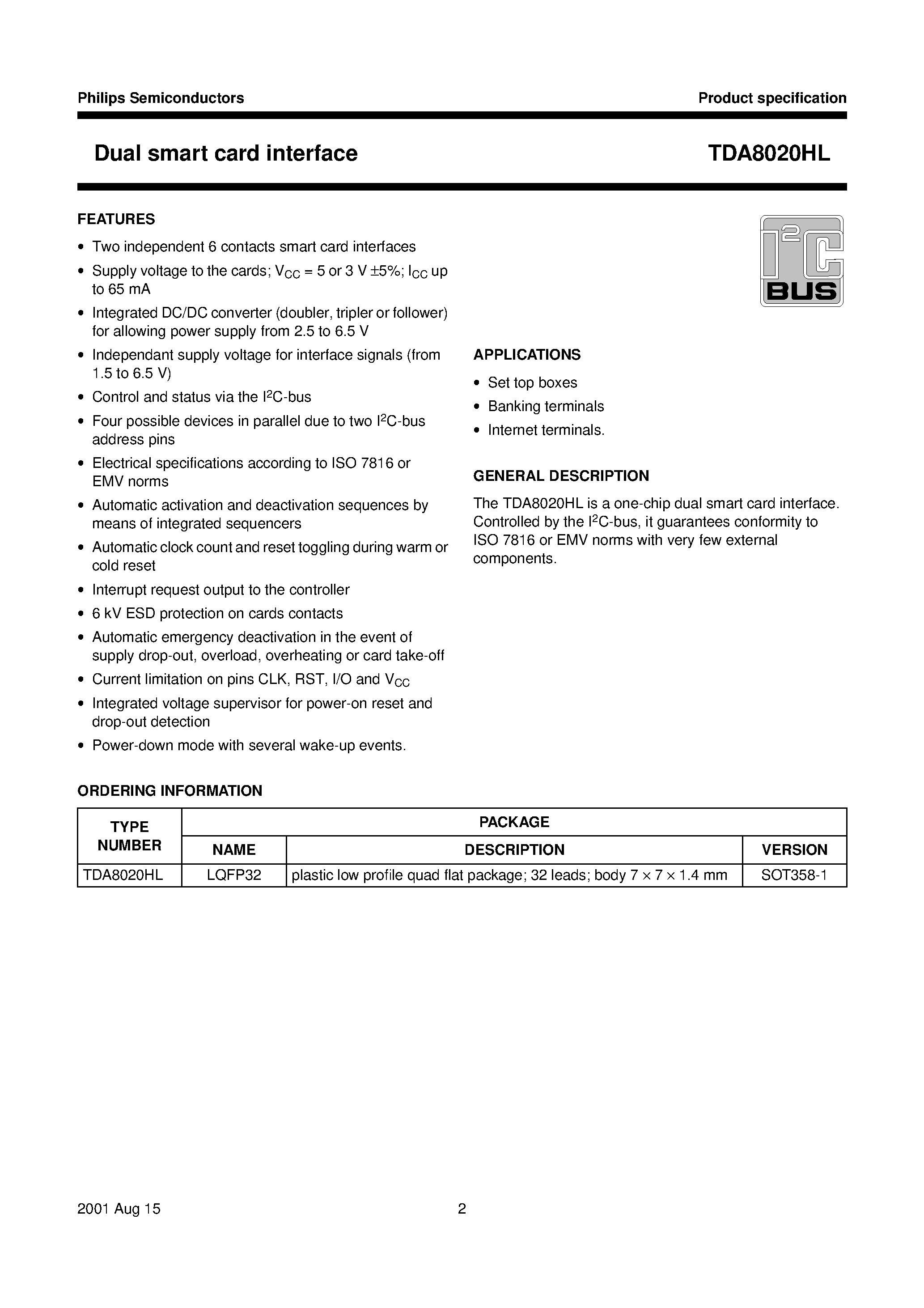 Datasheet TDA8020 - Dual smart card interface page 2