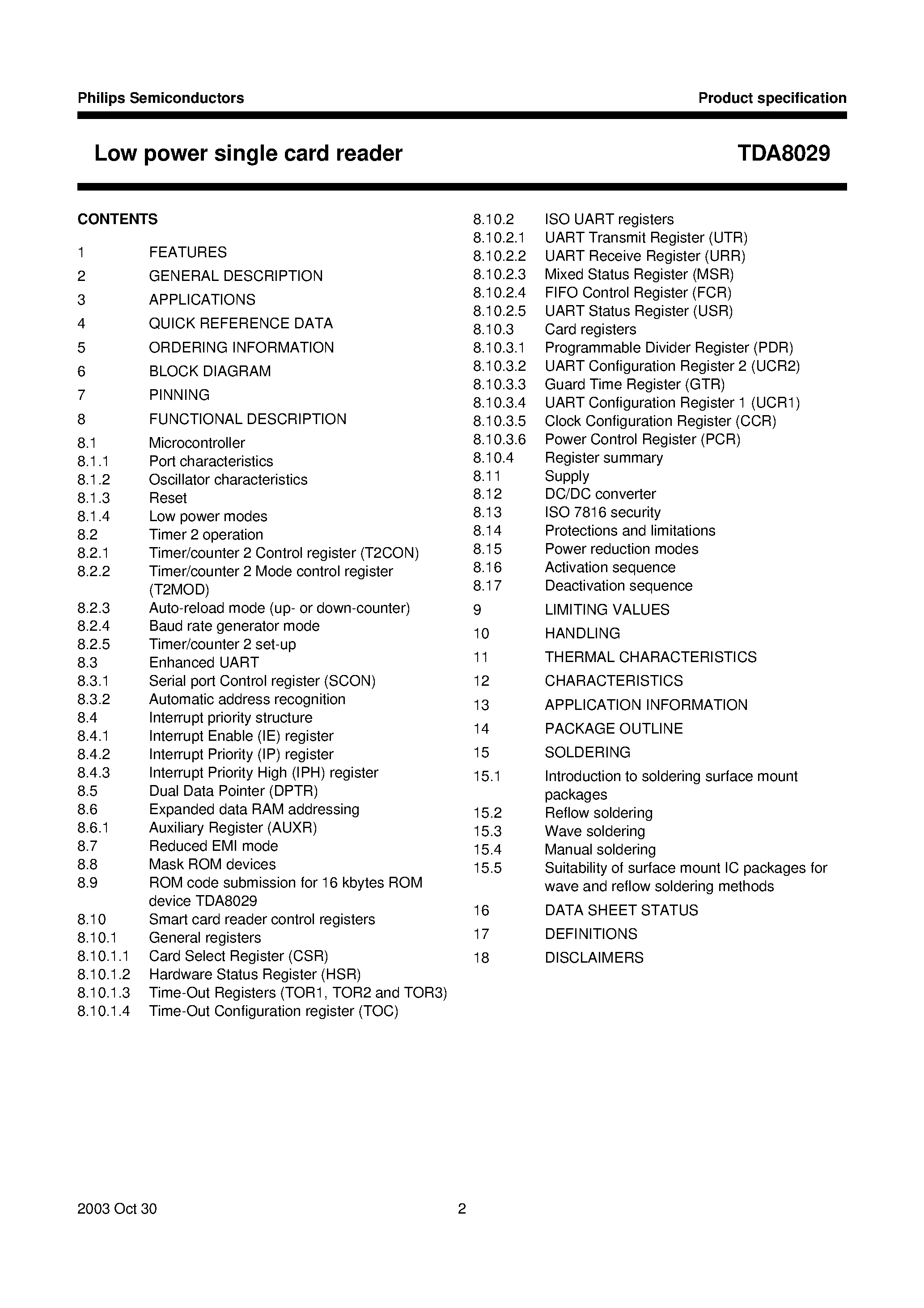 Datasheet TDA8029HL - Low power single card reader page 2