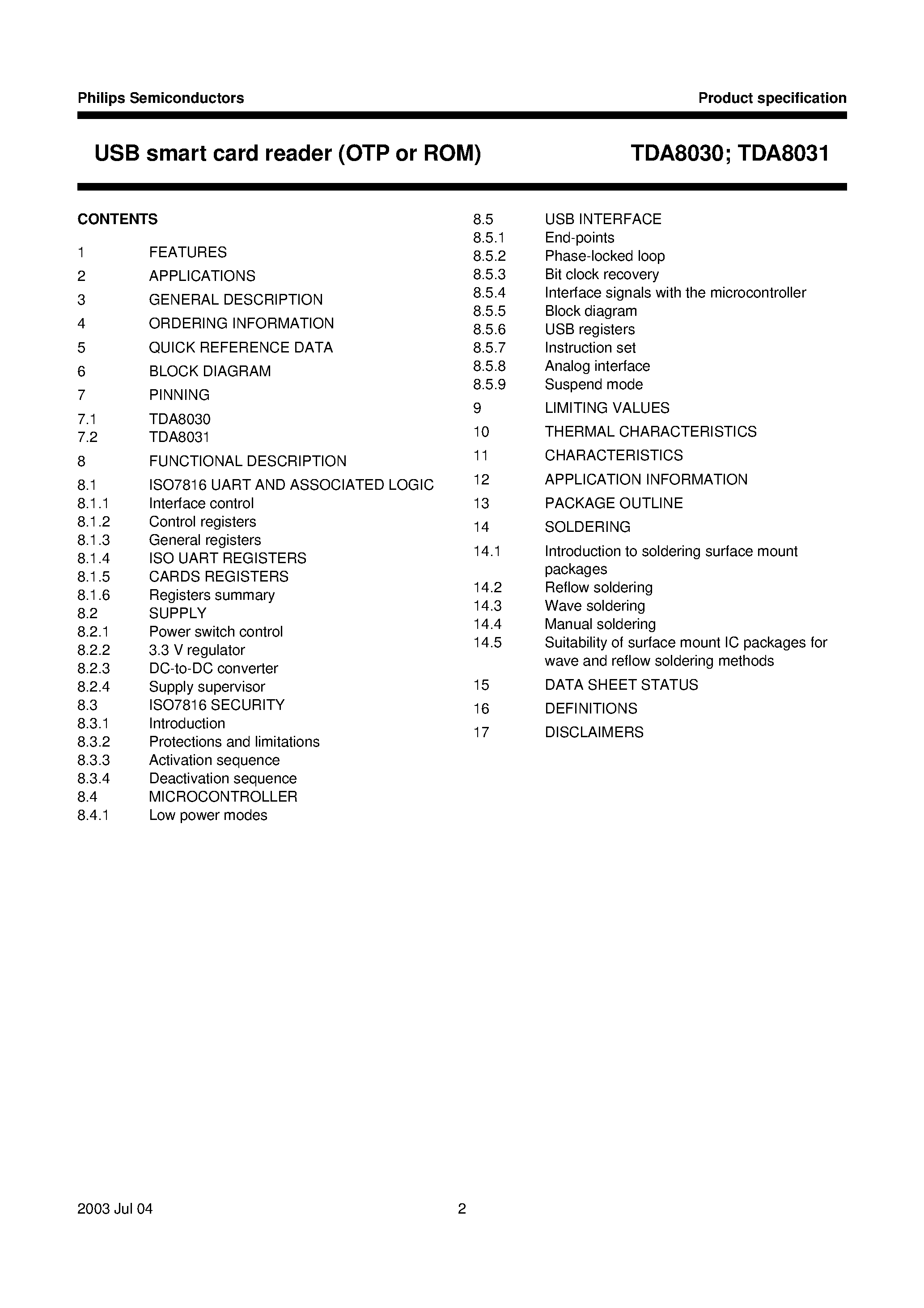 Datasheet TDA8030HL - USB smart card reader (OTP or ROM) page 2