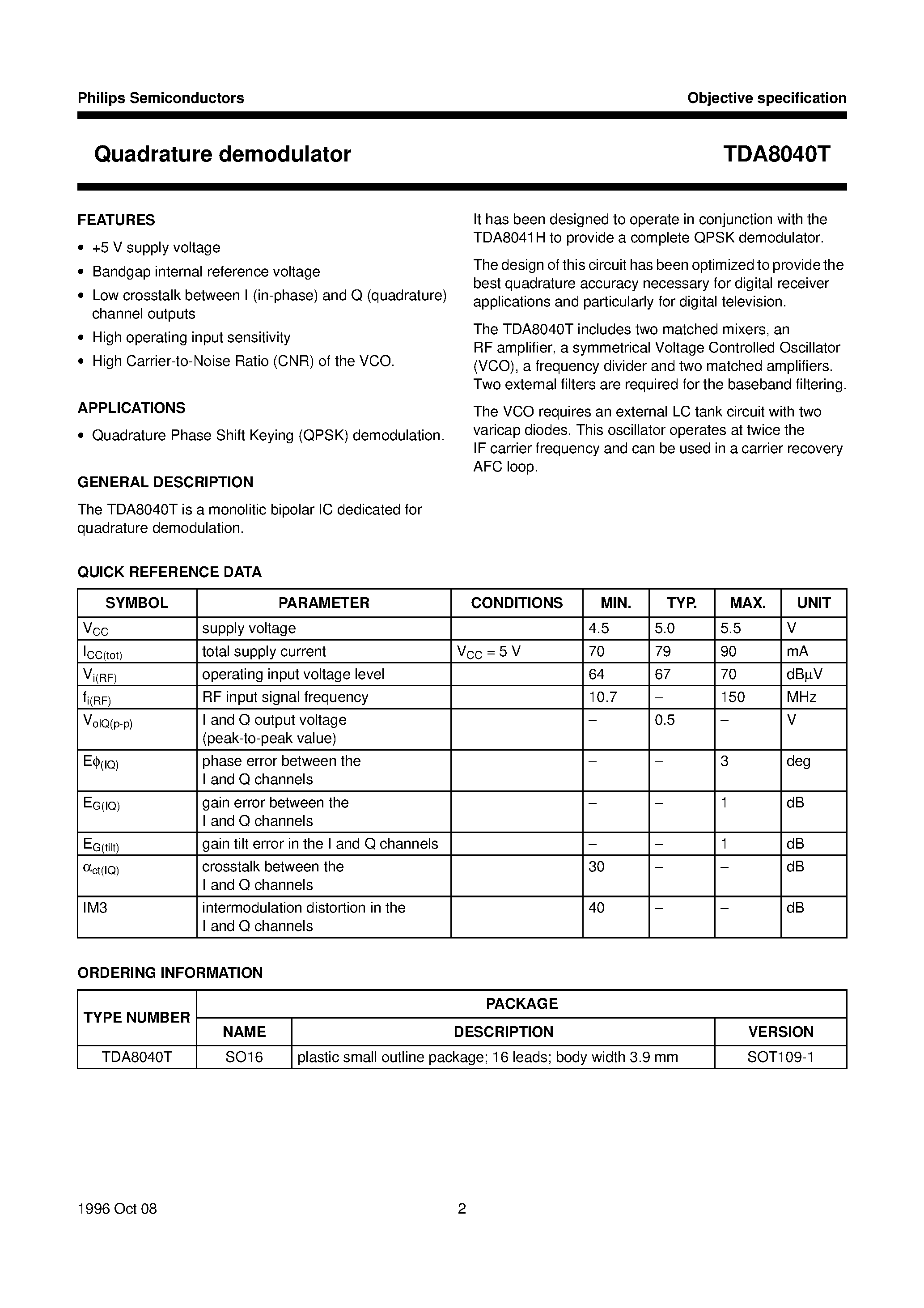 Даташит TDA8040T - Quadrature demodulator страница 2