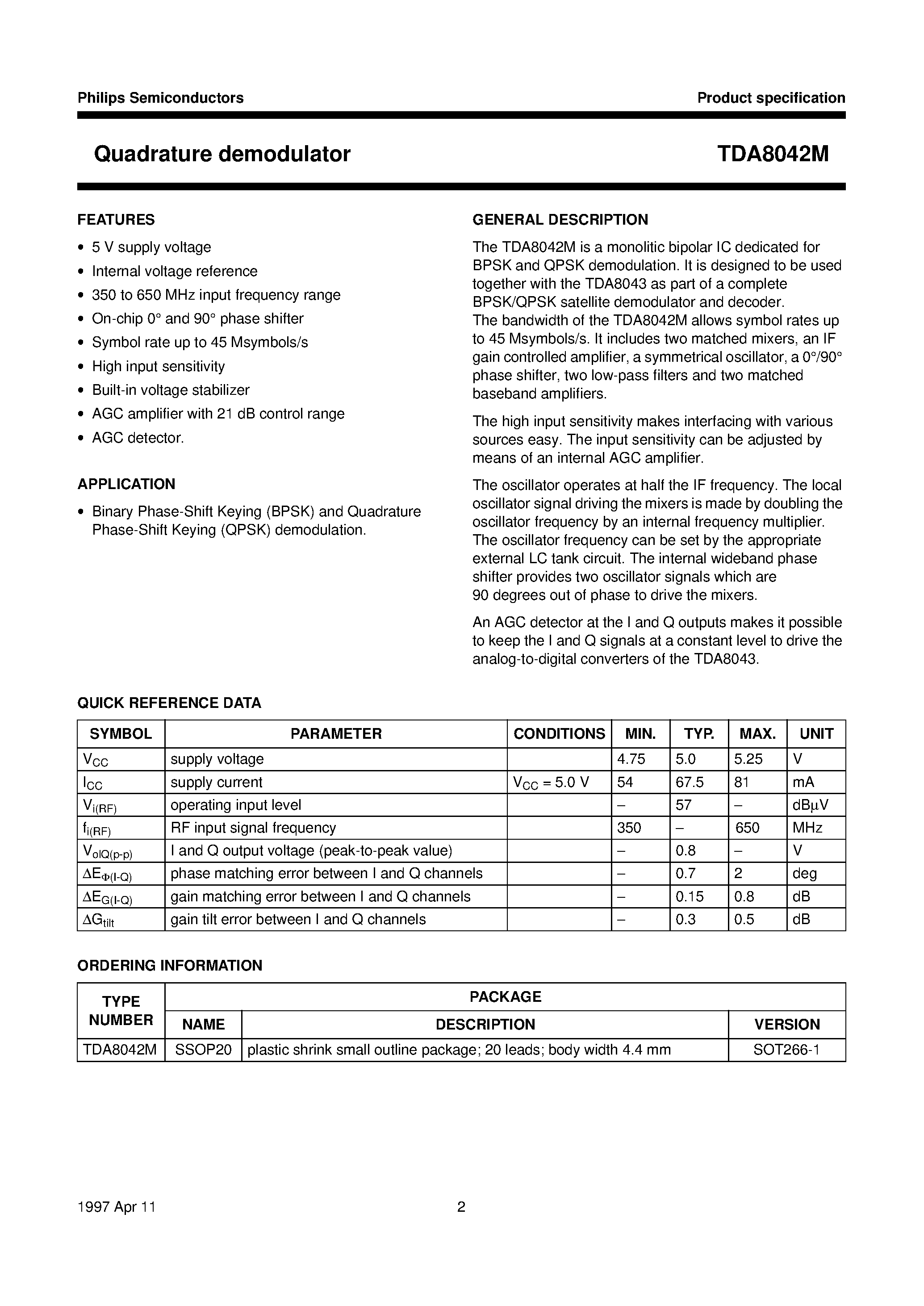 Datasheet TDA8042M page 2 Datasheet TDA8042M - Quadrature demodulator page 2