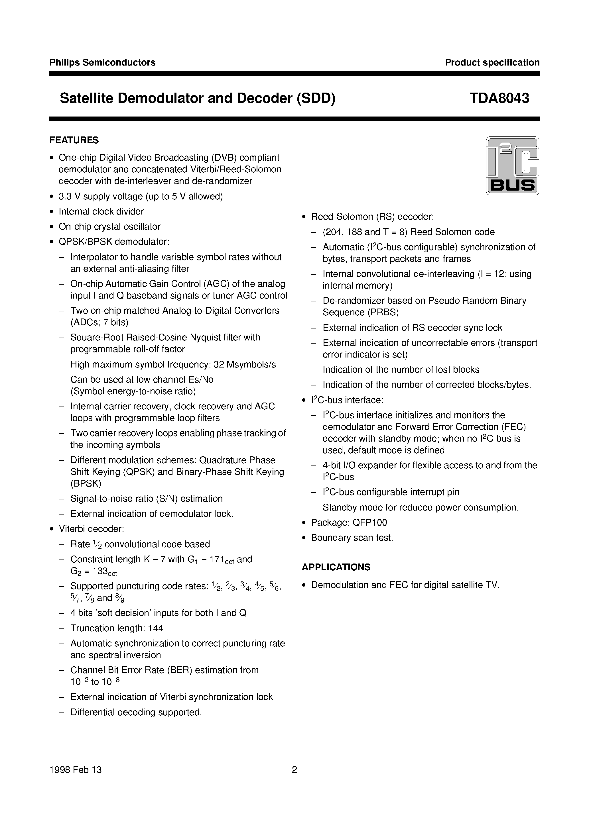 Datasheet TDA8043H page 2 Datasheet TDA8043H - Satellite Demodulator and Decoder SDD page 2