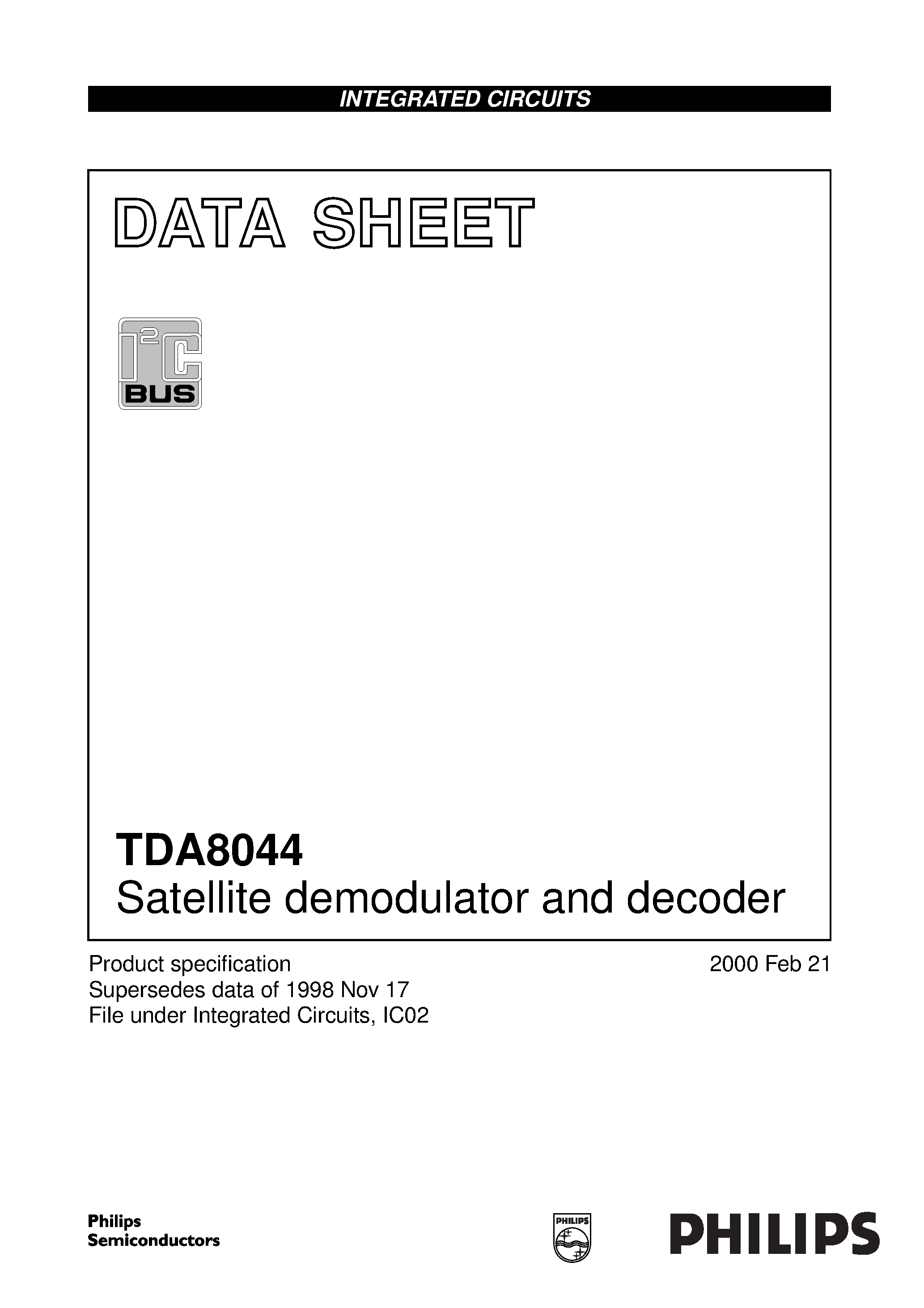 Datasheet TDA8044A page 1 Datasheet TDA8044A - Satellite demodulator and decoder page 1