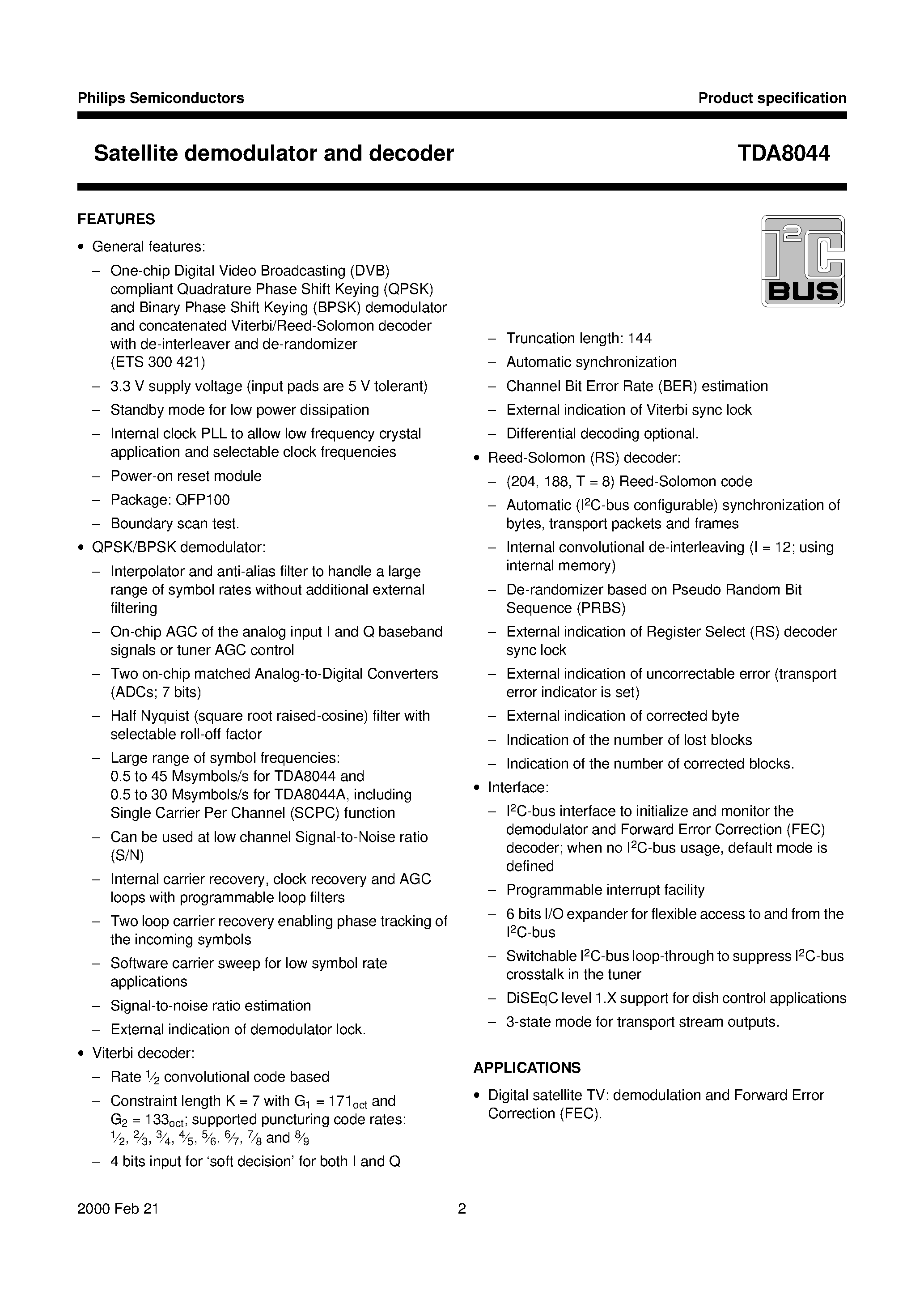 Datasheet TDA8044A page 2 Datasheet TDA8044A - Satellite demodulator and decoder page 2