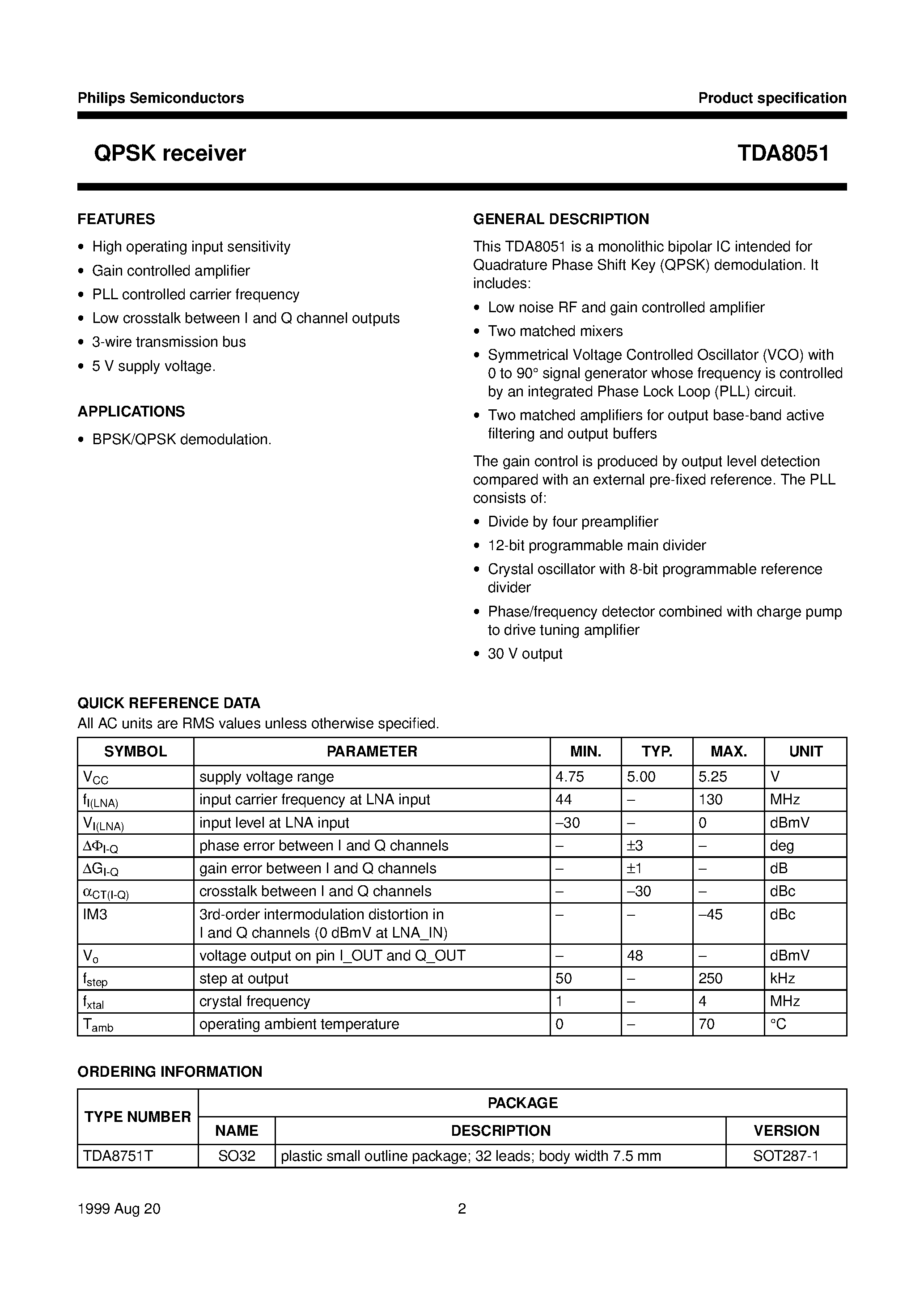 Datasheet TDA8051 page 2 Datasheet TDA8051 - QPSK receiver page 2