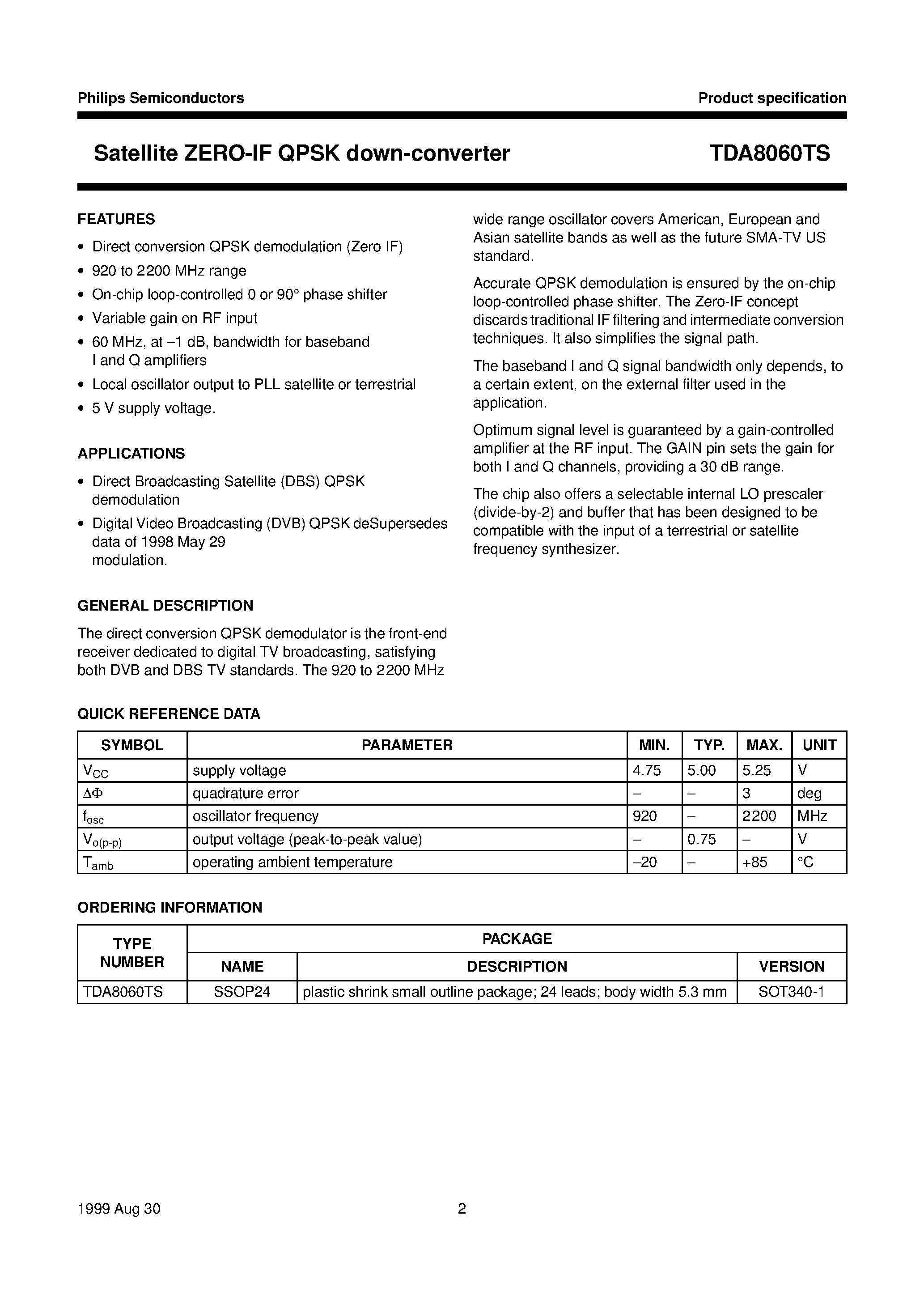 Datasheet TDA8060TS page 2 Datasheet TDA8060TS - Satellite ZERO-IF QPSK down-converter page 2