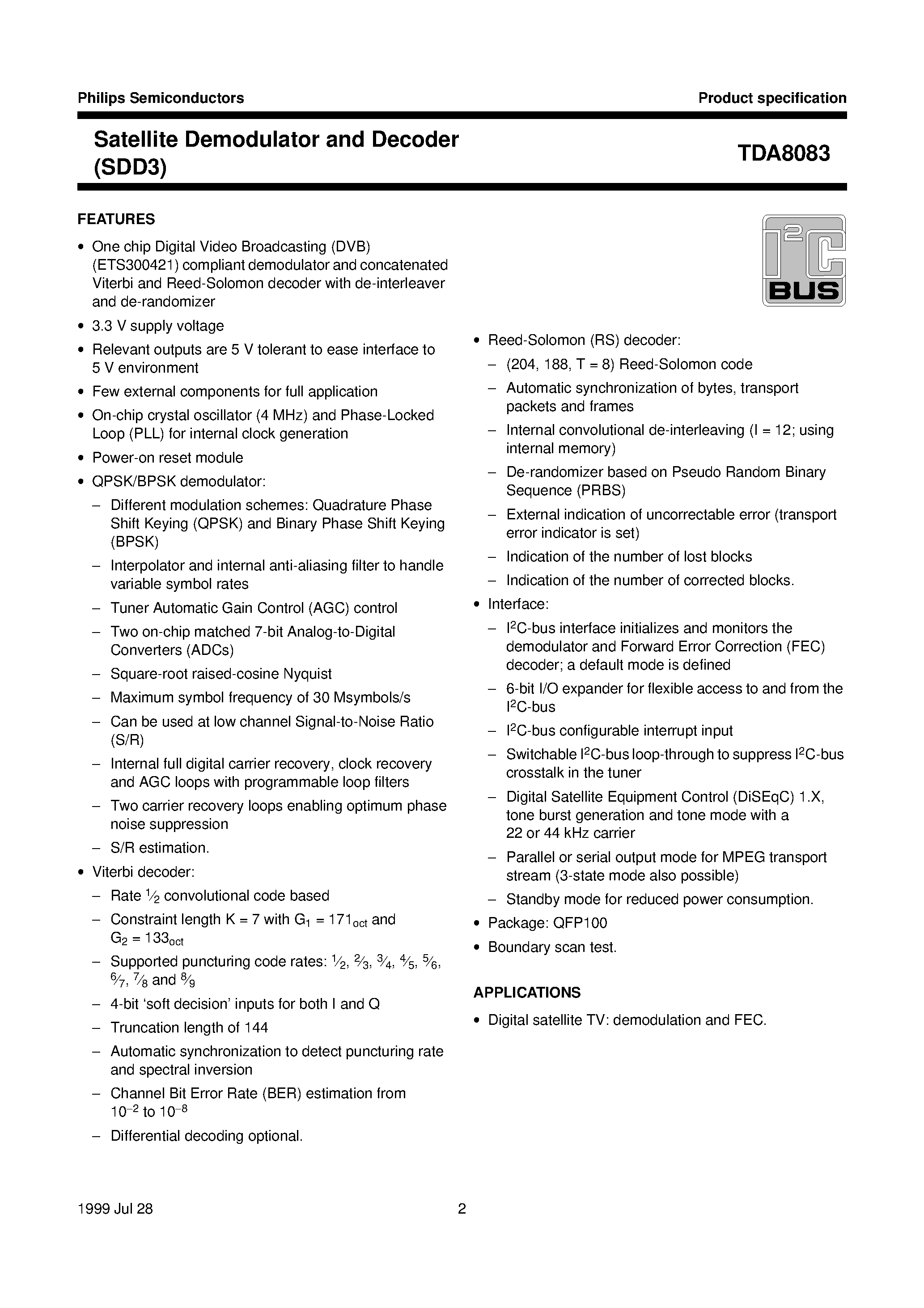 Datasheet TDA8083 page 2 Datasheet TDA8083 - Satellite Demodulator and Decoder SDD3 page 2