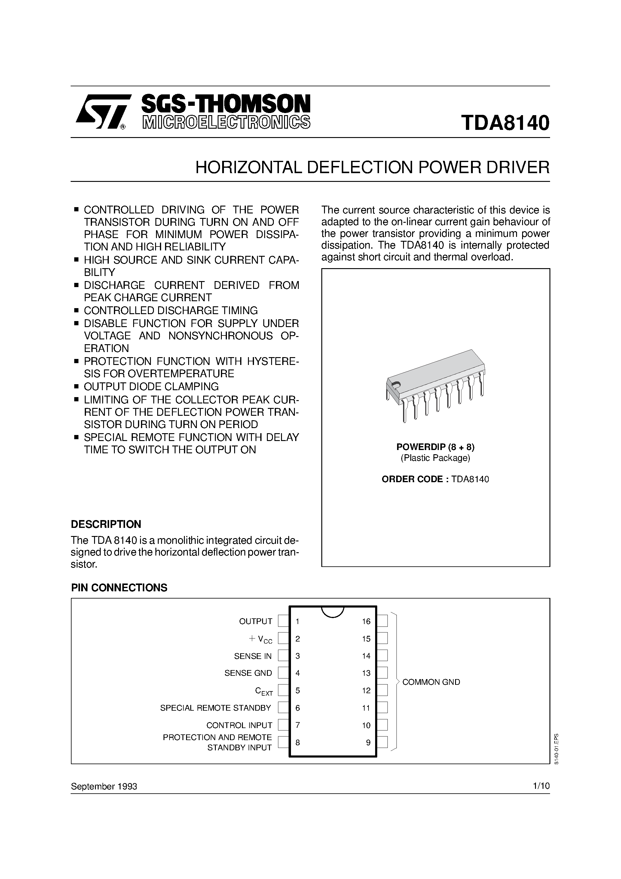 Datasheet TDA8140 page 1 Datasheet TDA8140 - HORIZONTAL DEFLECTION POWER DRIVER page 1