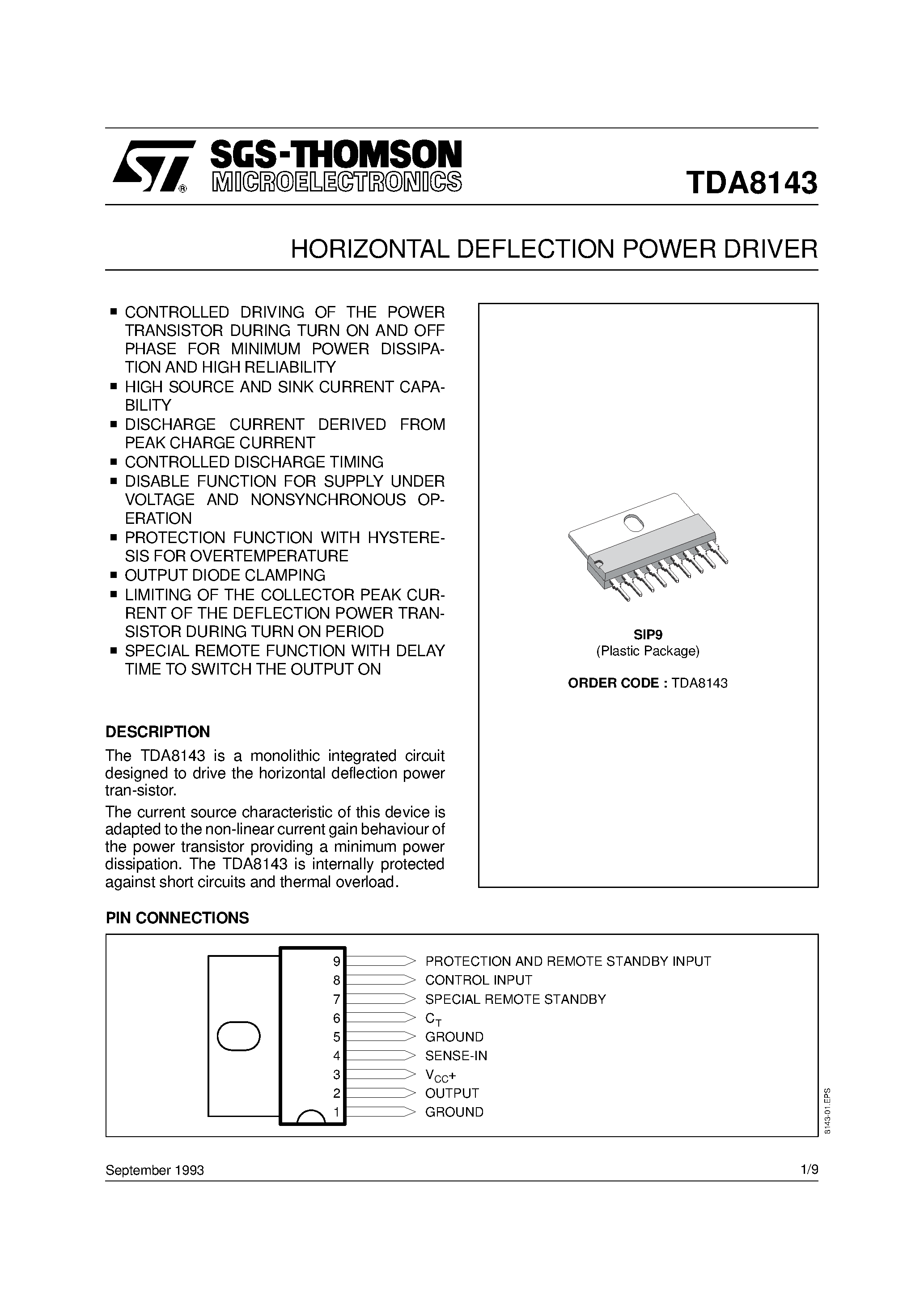 Datasheet TDA8143 - HORIZONTAL DEFLECTION POWER DRIVER page 1