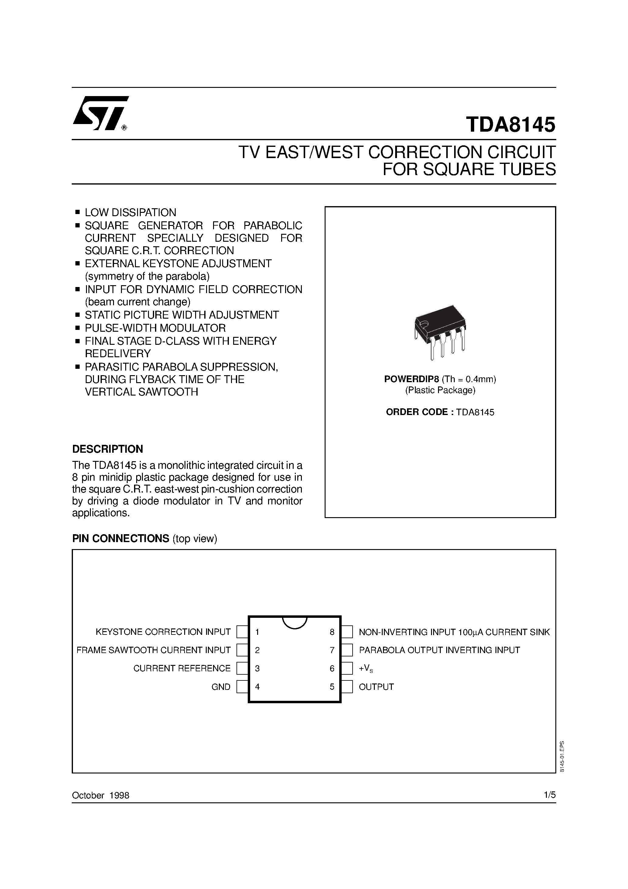 Даташит TDA8145 - TV EAST/WEST CORRECTION CIRCUIT FOR SQUARE TUBES страница 1