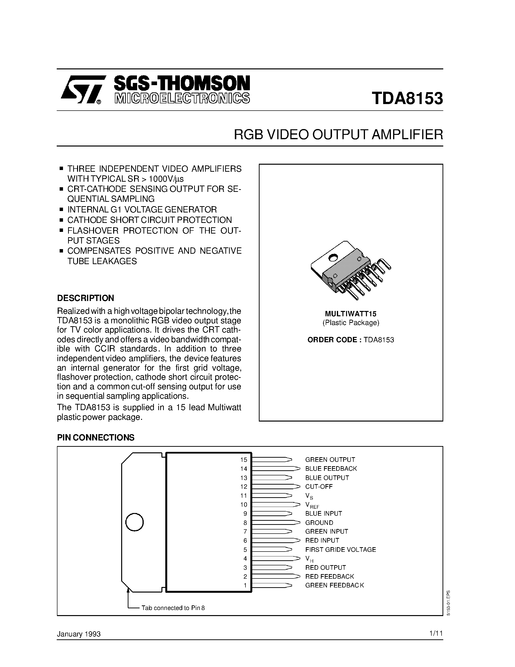 Datasheet TDA8153 page 1 Datasheet TDA8153 - RGB VIDEO OUTPUT AMPLIFIER page 1
