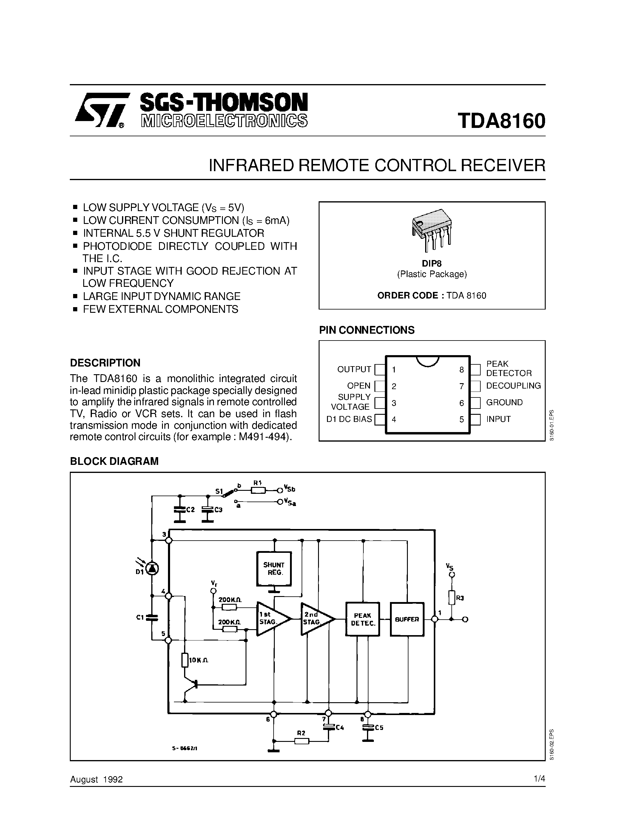 Datasheet TDA8160 page 1 Datasheet TDA8160 - INFRARED REMOTE CONTROL RECEIVER page 1