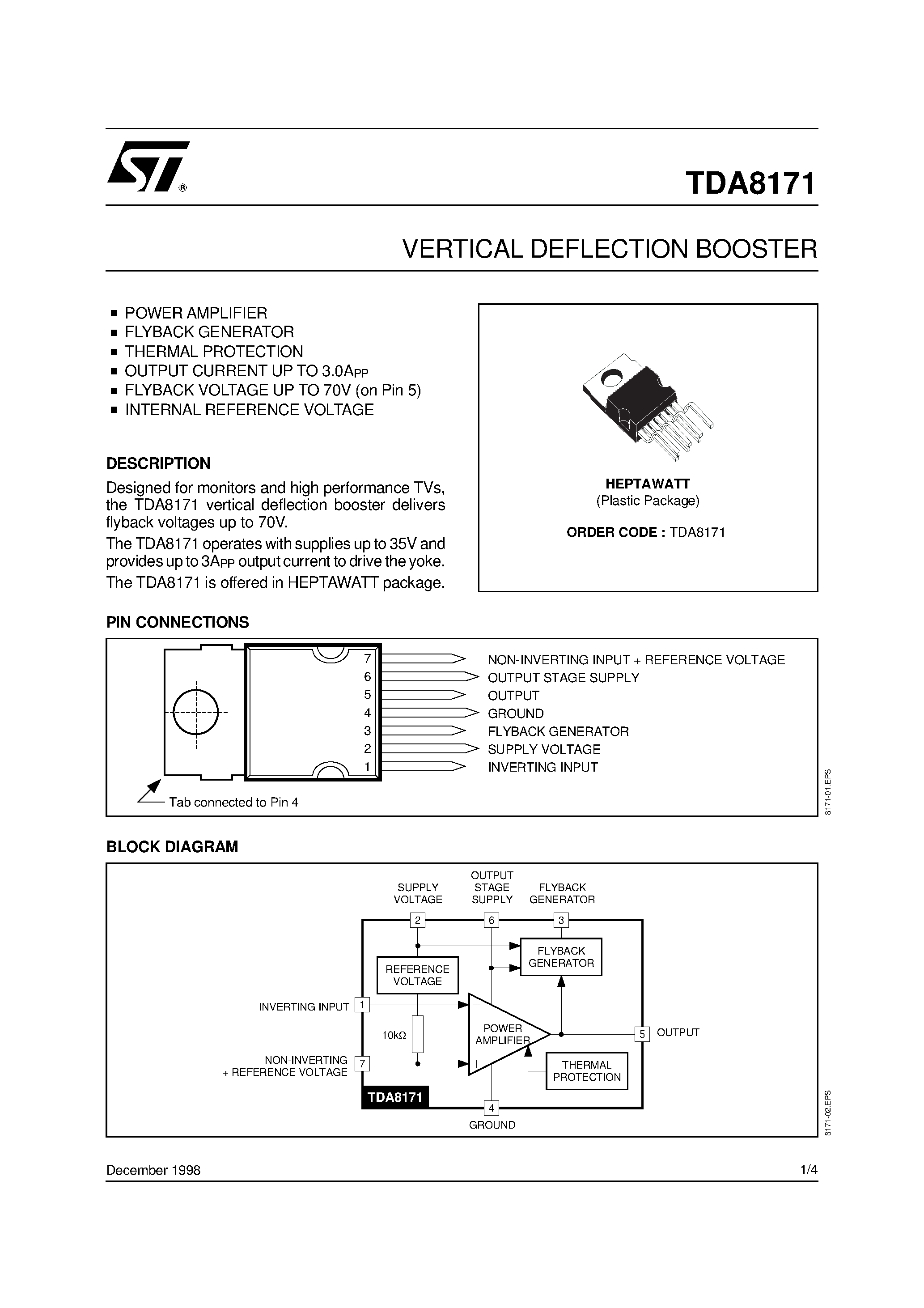 Datasheet TDA8171 - VERTICAL DEFLECTION BOOSTER page 1