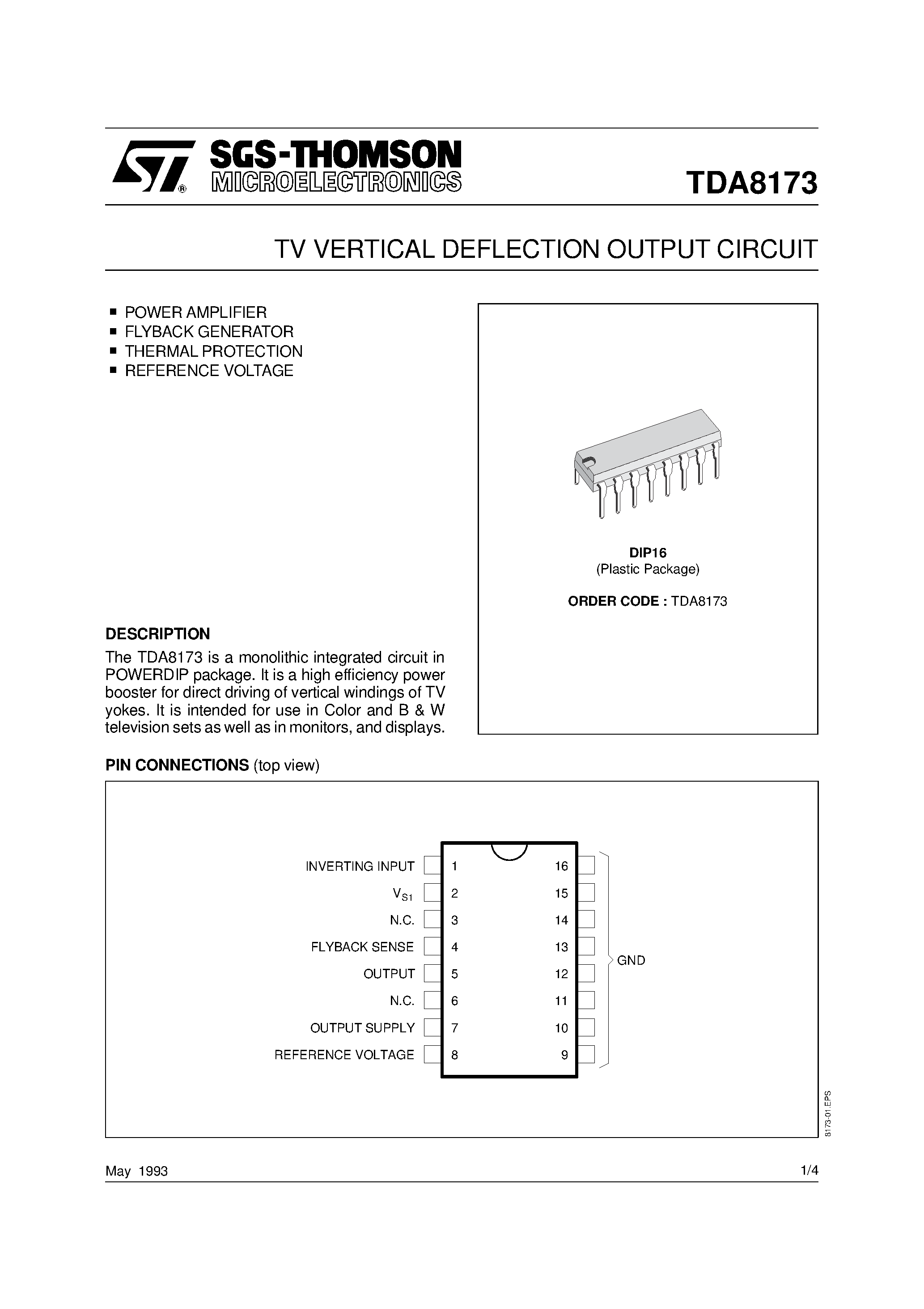 Datasheet TDA8173 page 1 Datasheet TDA8173 - TV VERTICAL DEFLECTION OUTPUT CIRCUIT page 1