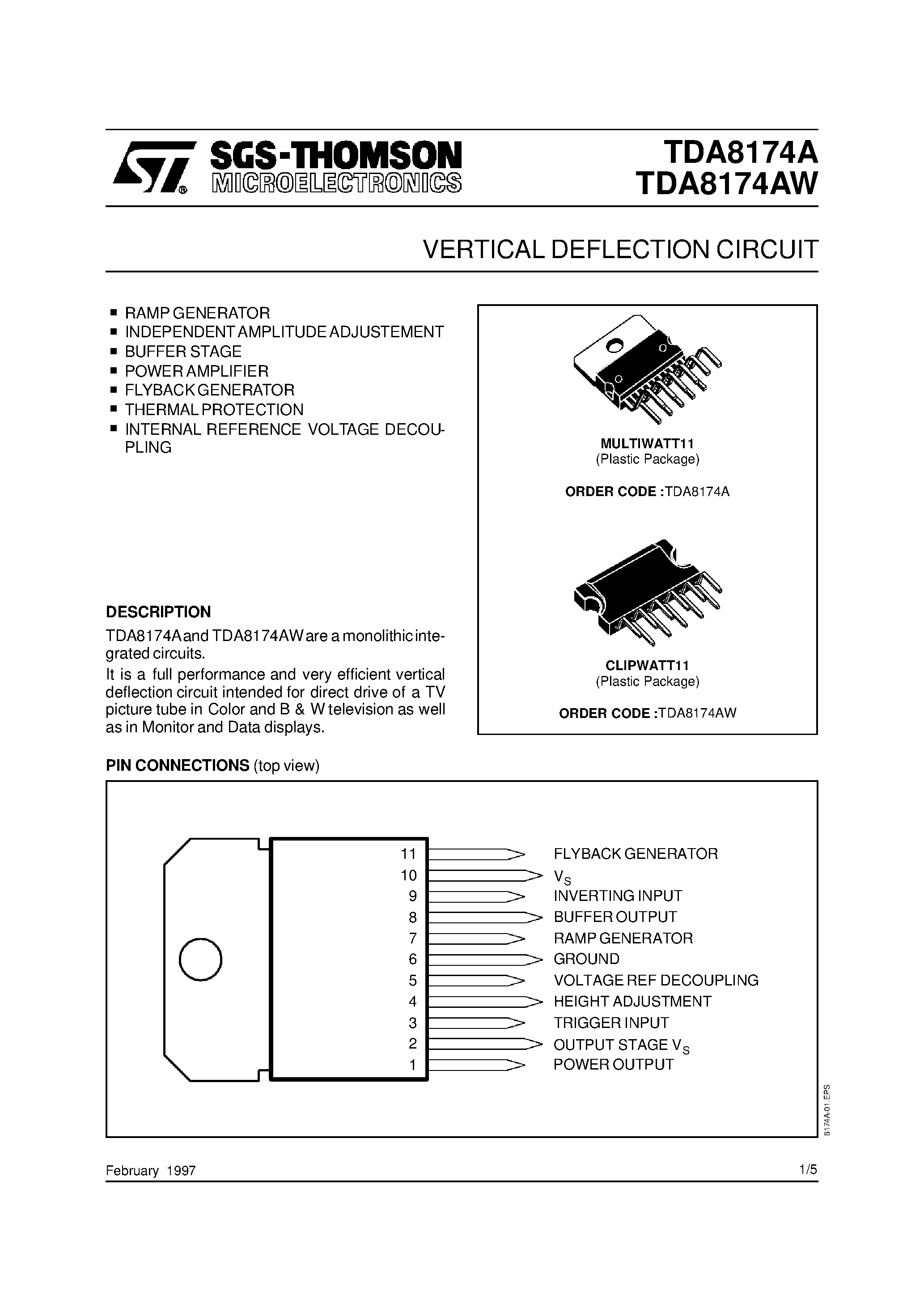 Даташит на микросхему TDA8174A страница 1 Даташит TDA8174A - VERTICAL DEFLECTION CIRCUIT страница 1