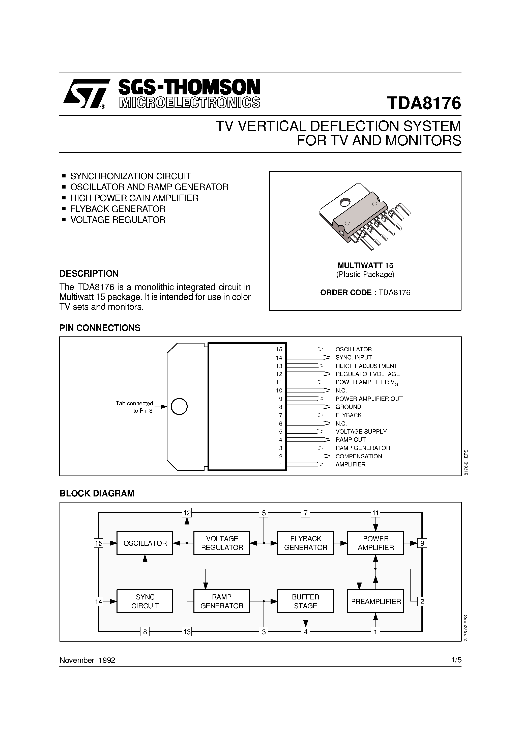 Даташит TDA8176 - TV VERTICAL DEFLECTION SYSTEM FOR TV AND MONITORS страница 1