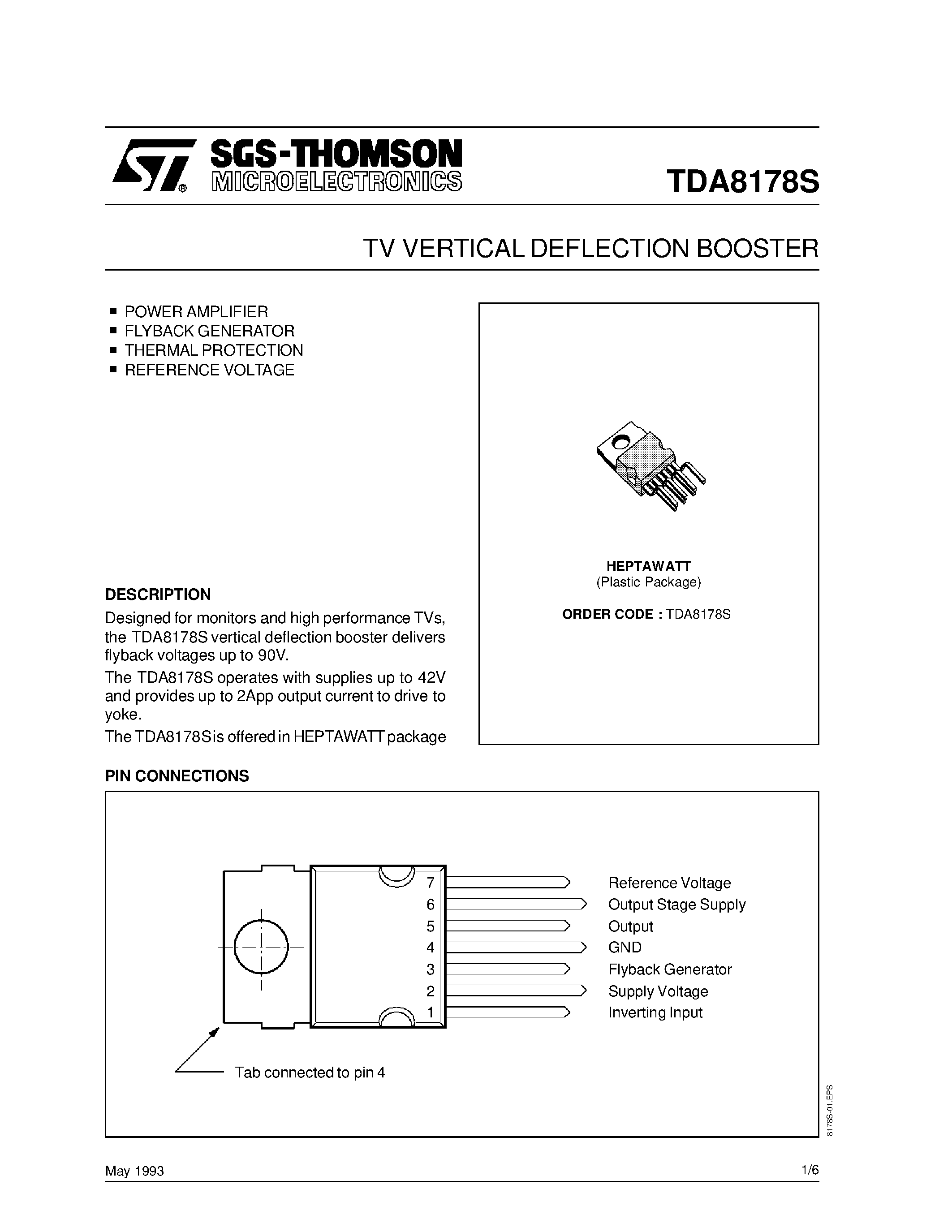 Datasheet TDA8178S - TV VERTICAL DEFLECTION BOOSTER page 1