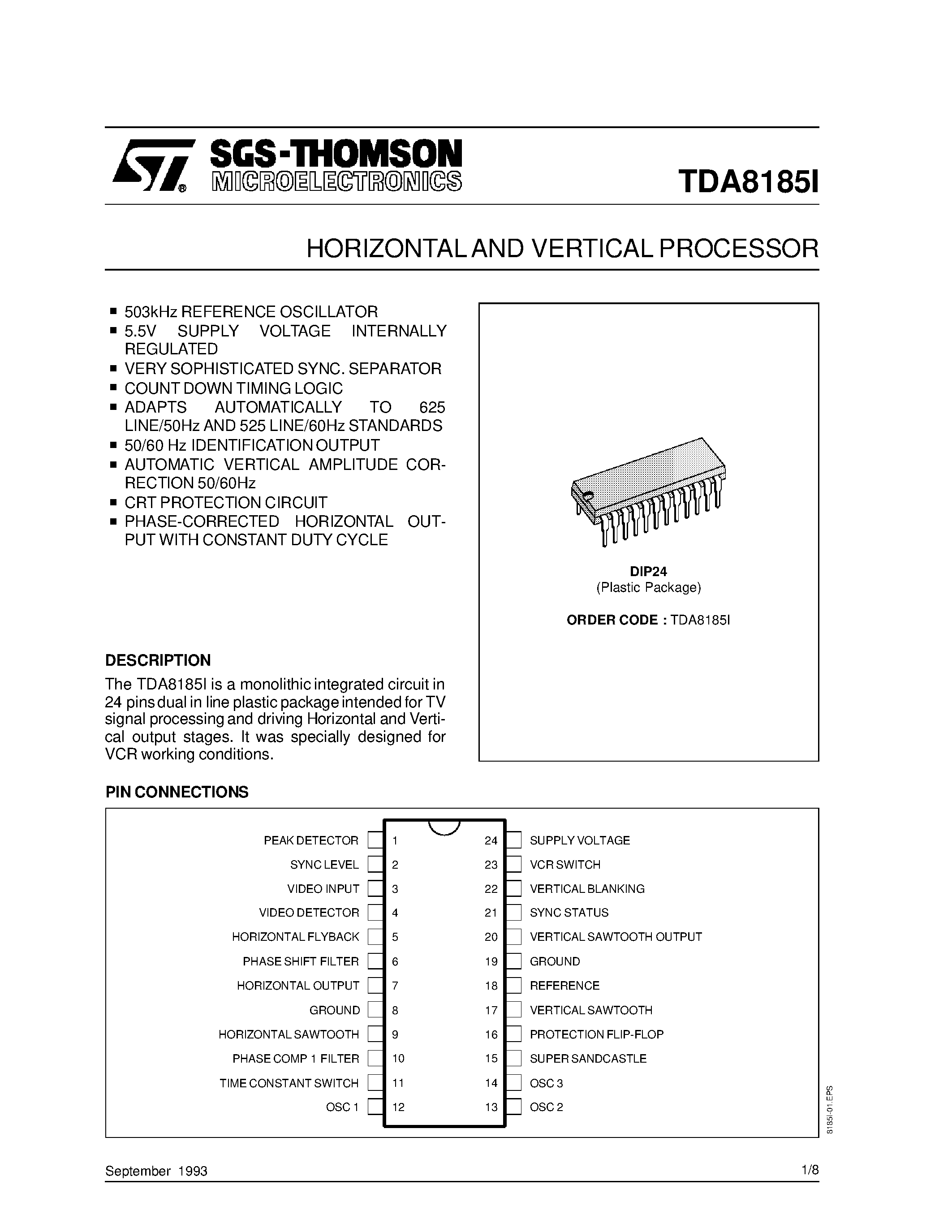 Datasheet TDA8185I - HORIZONTALAND VERTICAL PROCESSOR page 1