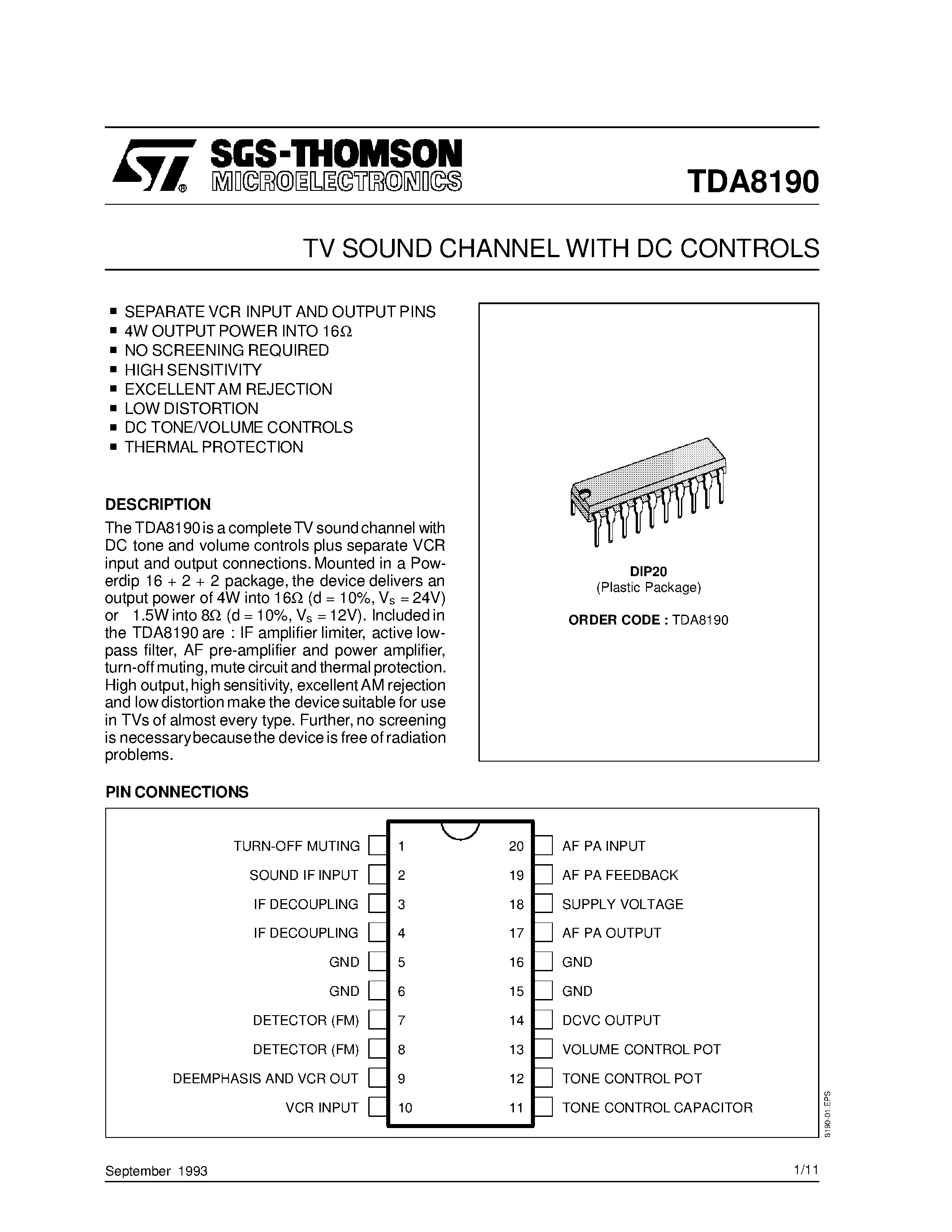 Datasheet TDA8190 - TV SOUND CHANNEL WITH DC CONTROLS page 1