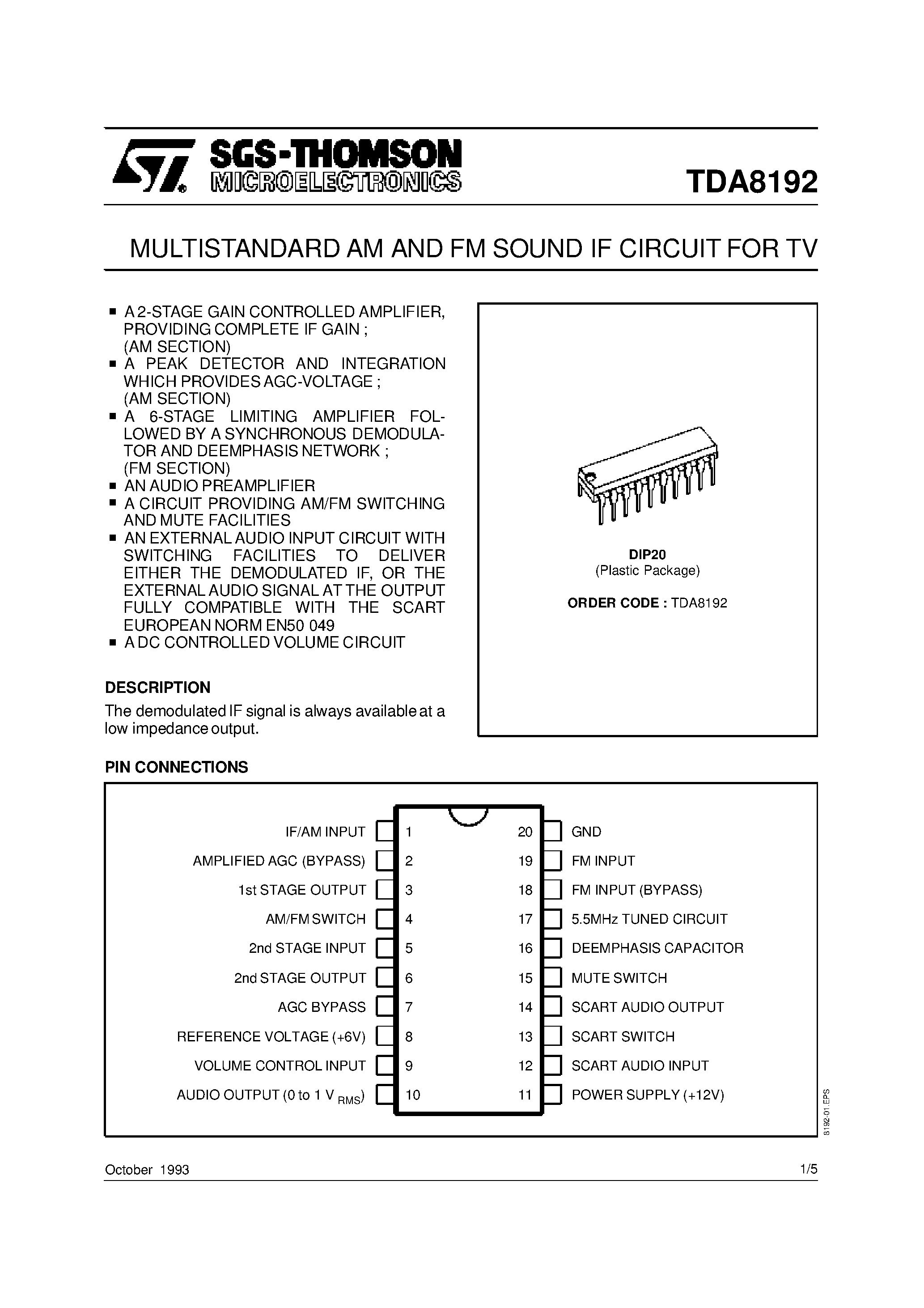 Datasheet TDA8192 - MULTISTANDARD AM AND FM SOUND IF CIRCUIT FOR TV page 1